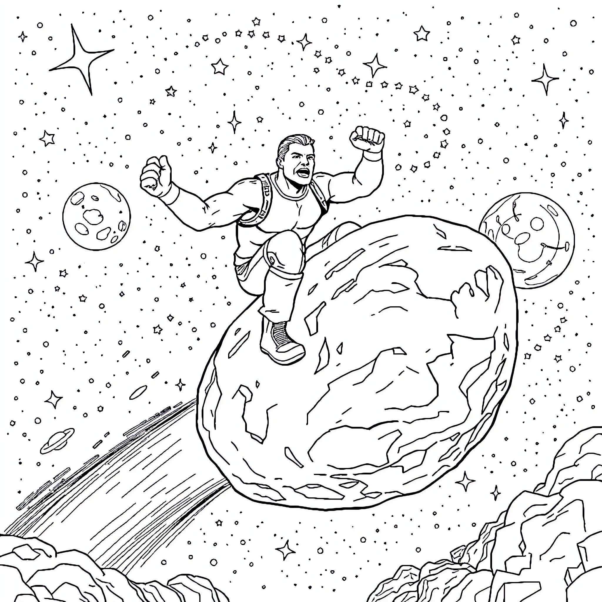 John Cena Soaring Through Cosmic Wonderland Coloring Page (free black-and-white line drawing printable PDF for all, from beginners to advanced learners, including children, teens, adults, and seniors)