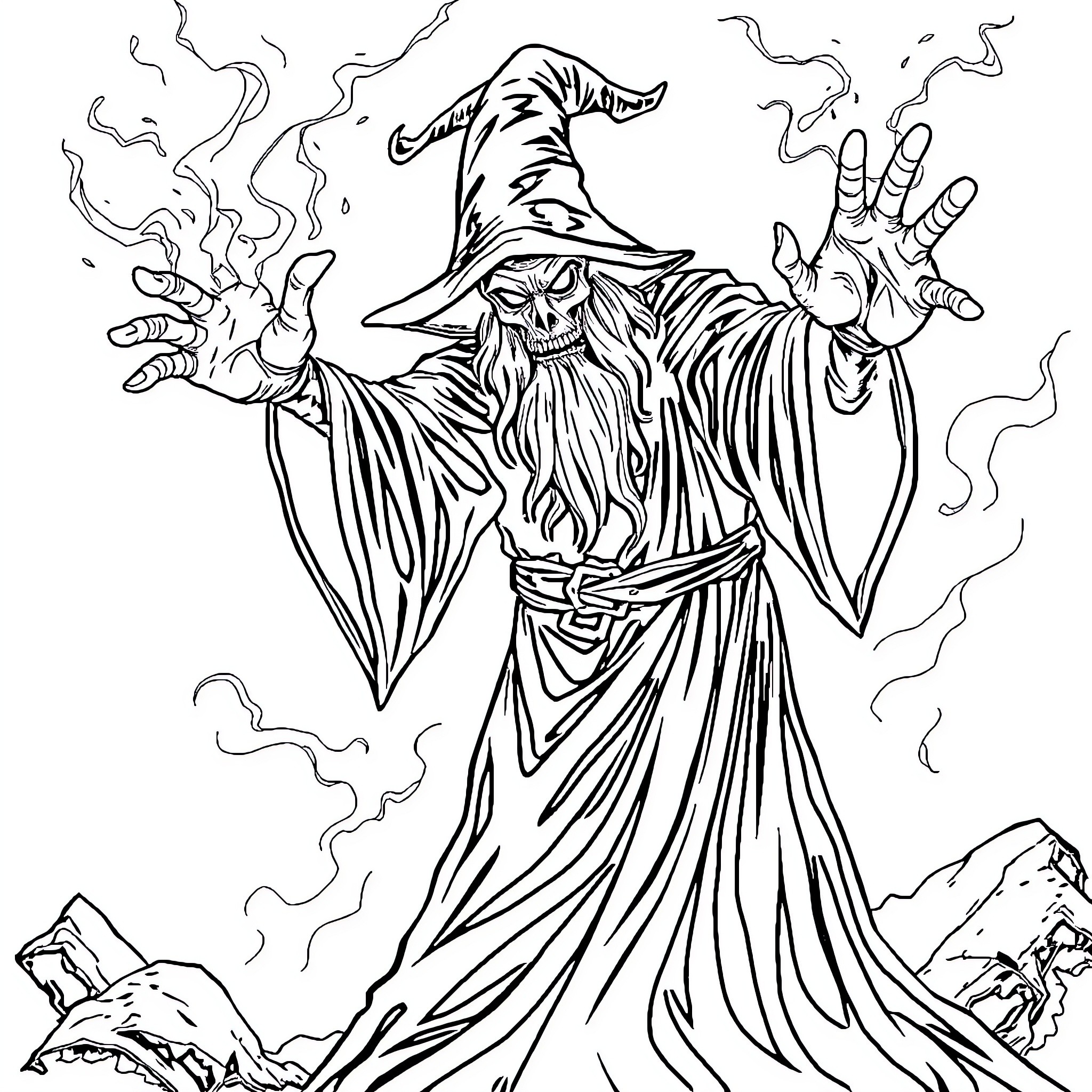Wizard casting powerful magic in the mountains Coloring Page (free black-and-white line drawing printable PDF for all, from beginners to advanced learners, including children, teens, adults, and seniors)