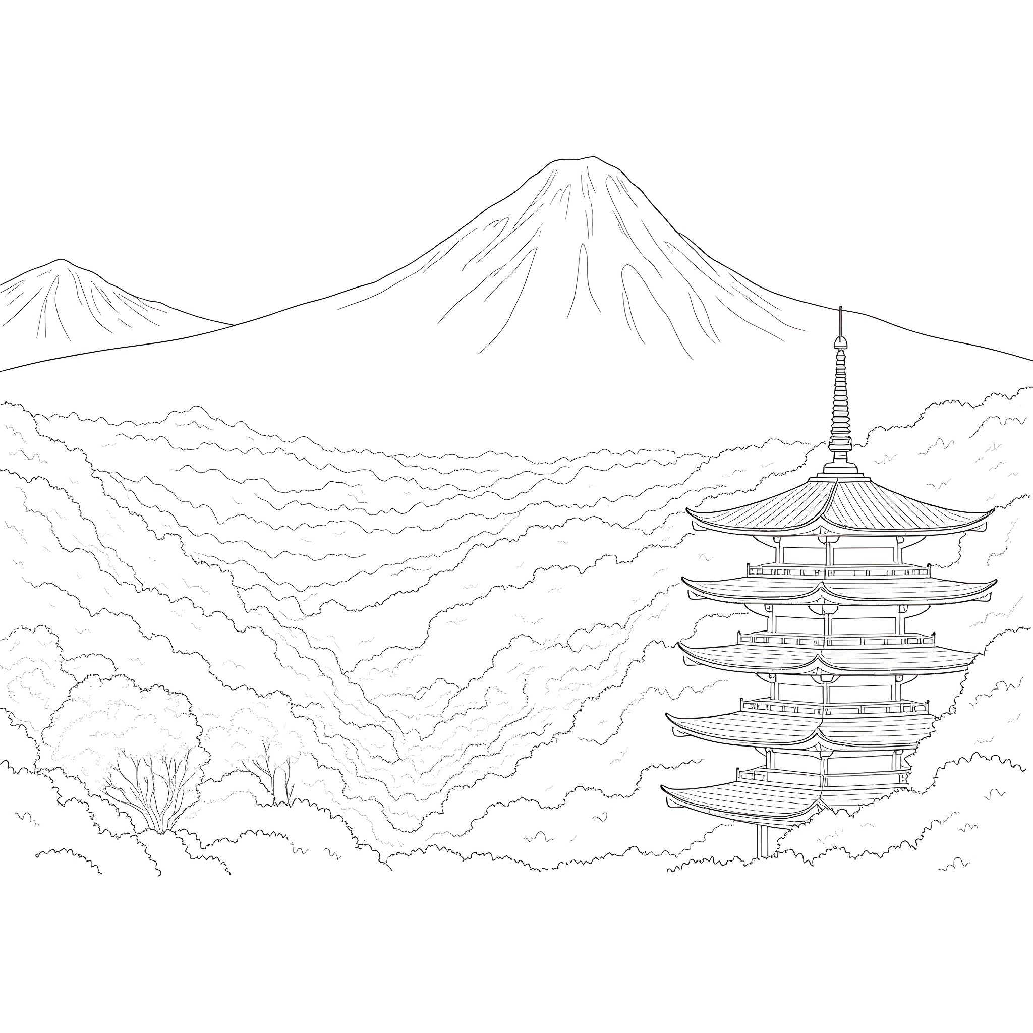 Landscape with pagoda and mountains Coloring Page (free black-and-white line drawing printable PDF for all, from beginners to advanced learners, including children, teens, adults, and seniors)