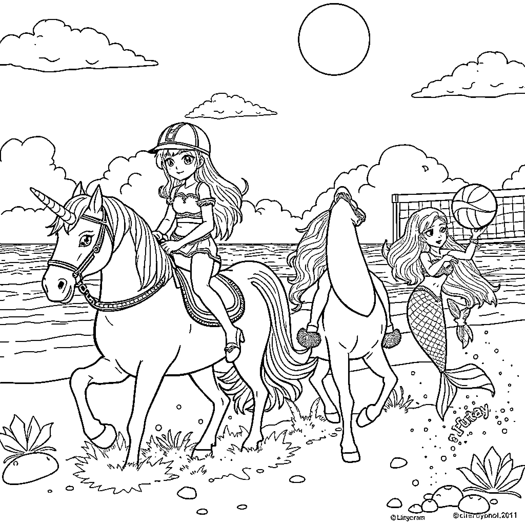 Unicorn girls on a magical adventure Coloring Page (free black-and-white line drawing printable PDF for all, from beginners to advanced learners, including children, teens, adults, and seniors)
