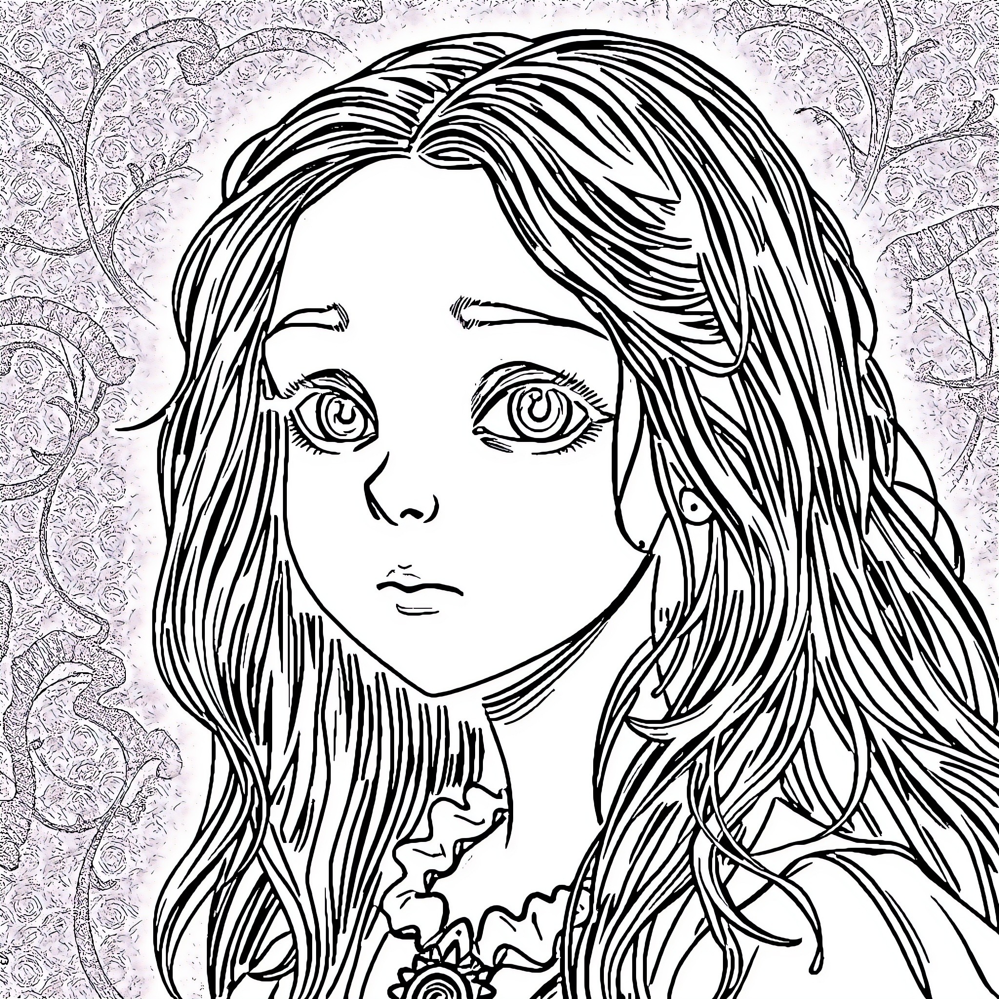 Wednesday Dreaming: A Pensive Girl's Intricate Portrait Coloring Page (free black-and-white line drawing printable PDF for all, from beginners to advanced learners, including children, teens, adults, and seniors)