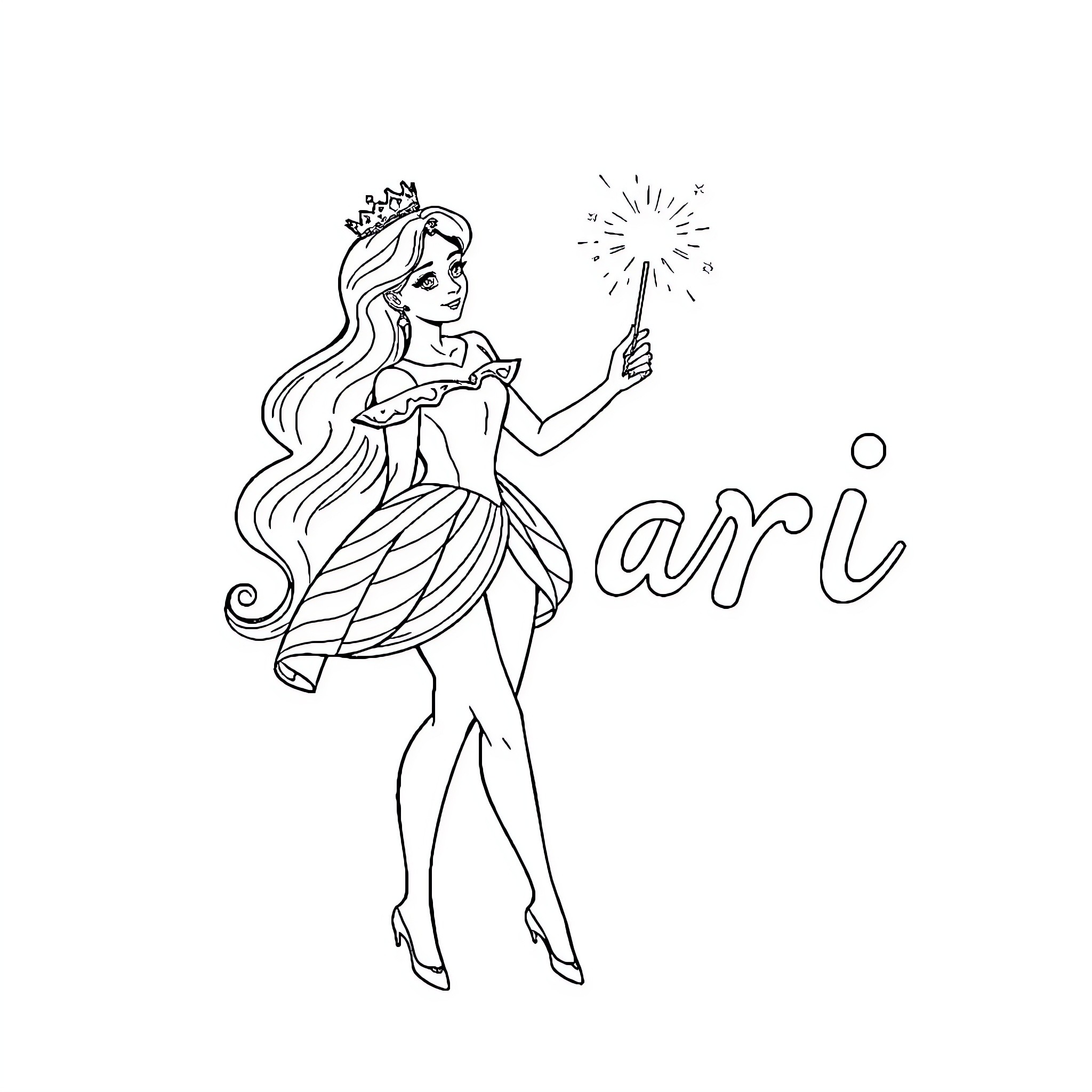 Princess Performing Magic with Sparklers Coloring Page (free black-and-white line drawing printable PDF for all, from beginners to advanced learners, including children, teens, adults, and seniors)