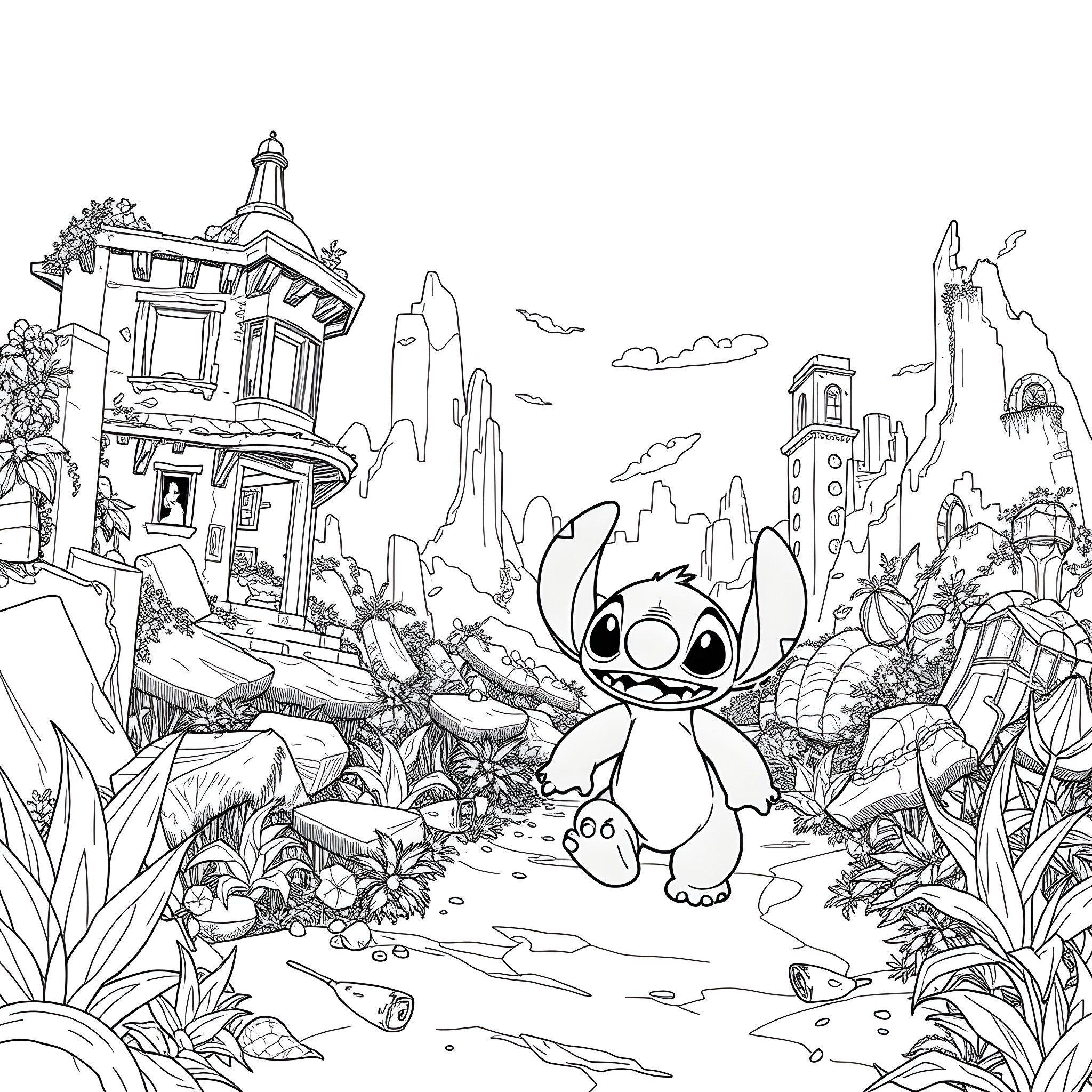 Lilo exploring the whimsical landscape Coloring Page (free black-and-white line drawing printable PDF for all, from beginners to advanced learners, including children, teens, adults, and seniors)