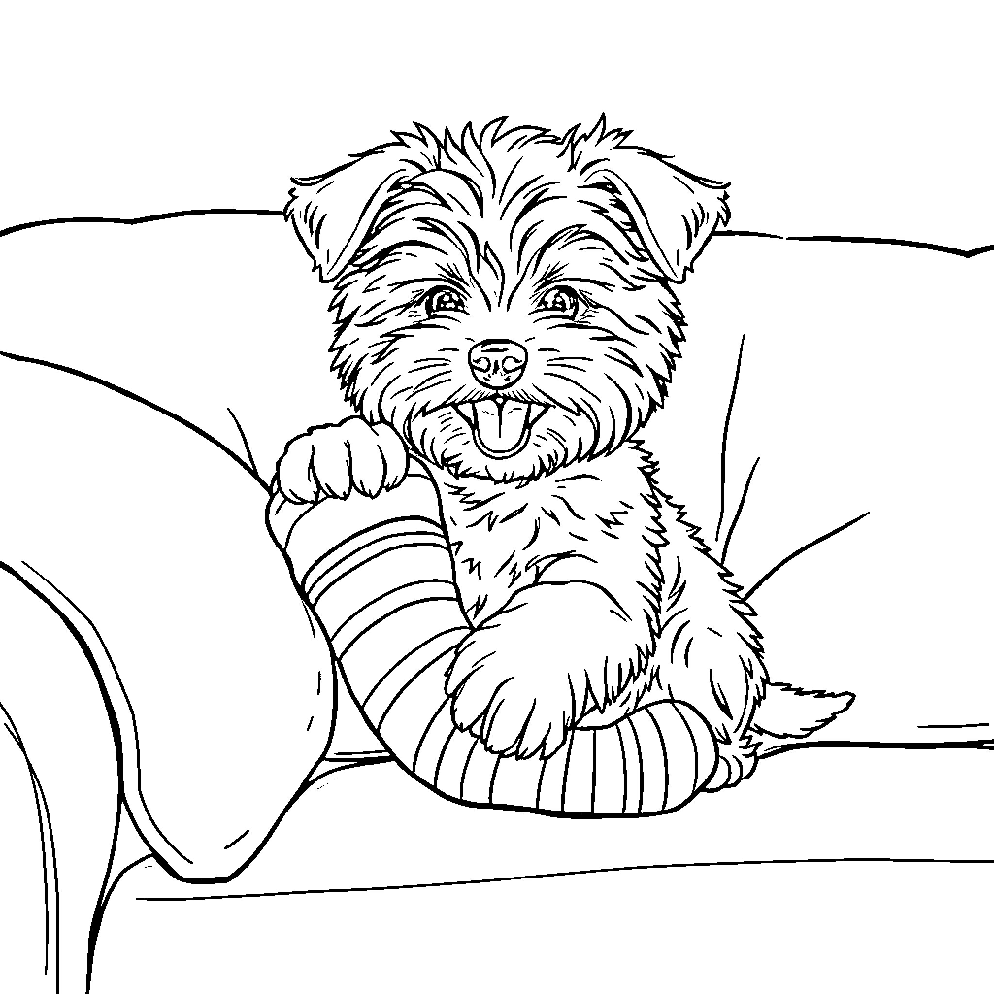 Maltese puppy happily sitting on couch Coloring Page (free black-and-white line drawing printable PDF for all, from beginners to advanced learners, including children, teens, adults, and seniors)