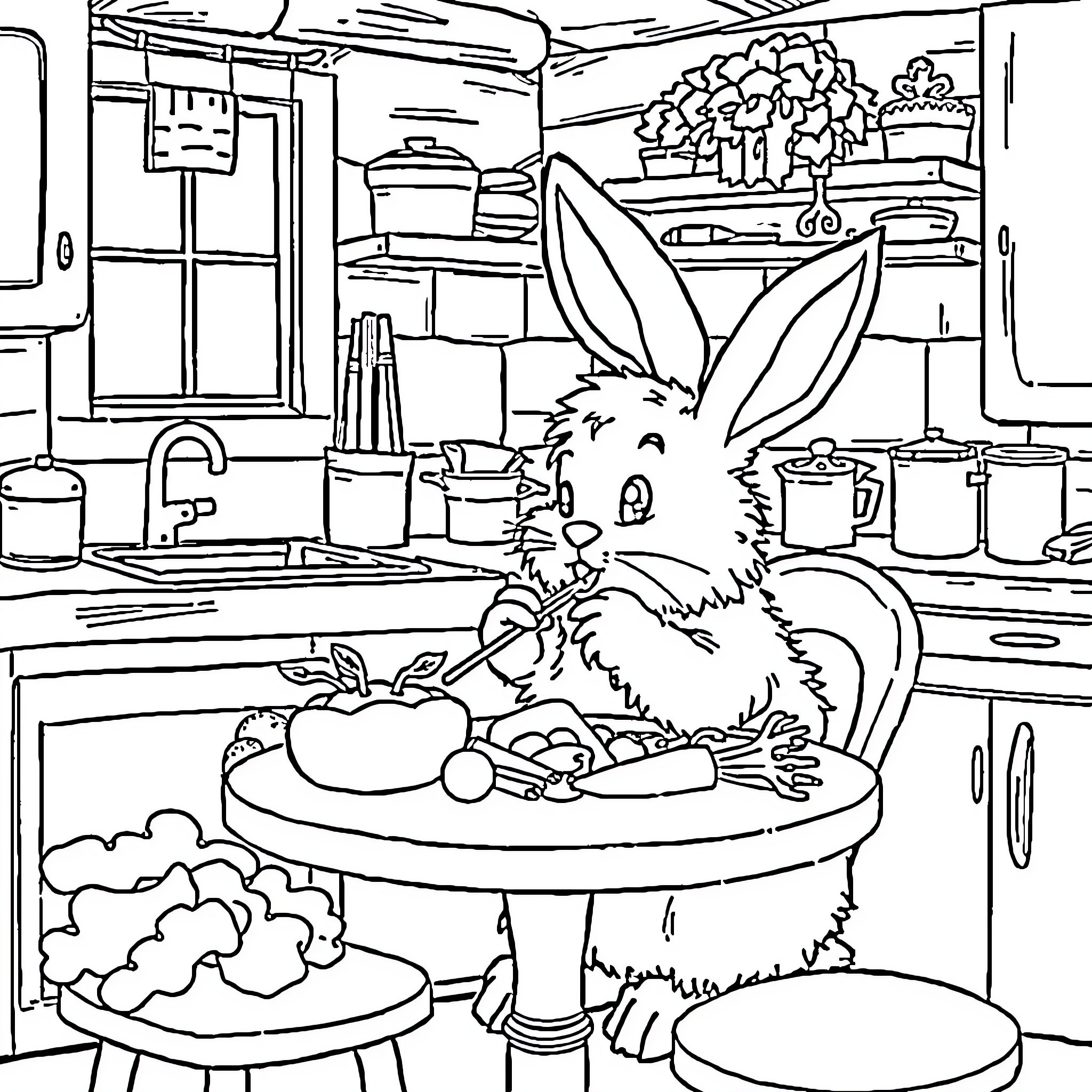 Bunny cooking delicious meal in the kitchen Coloring Page (free black-and-white line drawing printable PDF for all, from beginners to advanced learners, including children, teens, adults, and seniors)