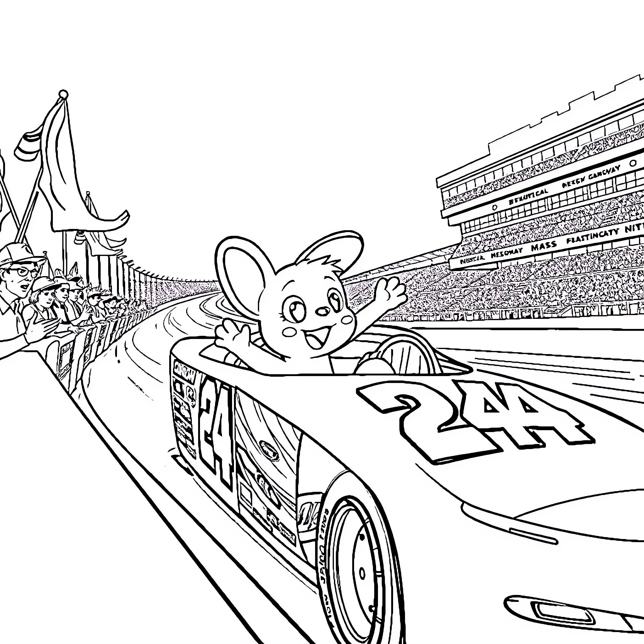 Bluey's High-Speed Race on the Racetrack Coloring Page (free black-and-white line drawing printable PDF for all, from beginners to advanced learners, including children, teens, adults, and seniors)