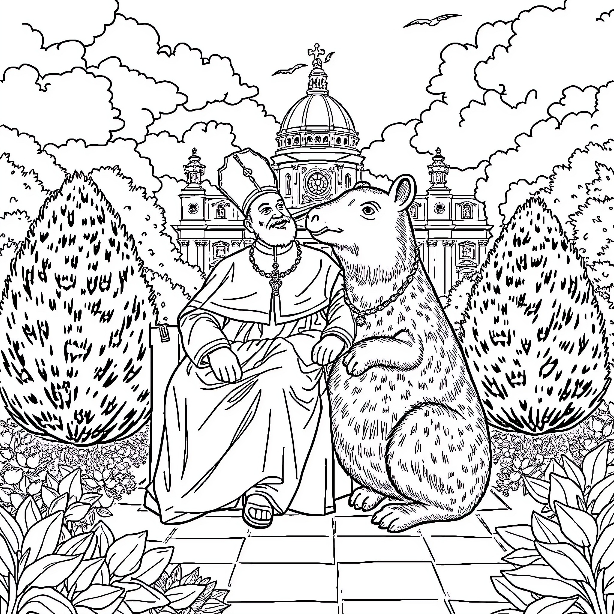 Capybara and Pope in Ornate Garden Scene Coloring Page (free black-and-white line drawing printable PDF for all, from beginners to advanced learners, including children, teens, adults, and seniors)
