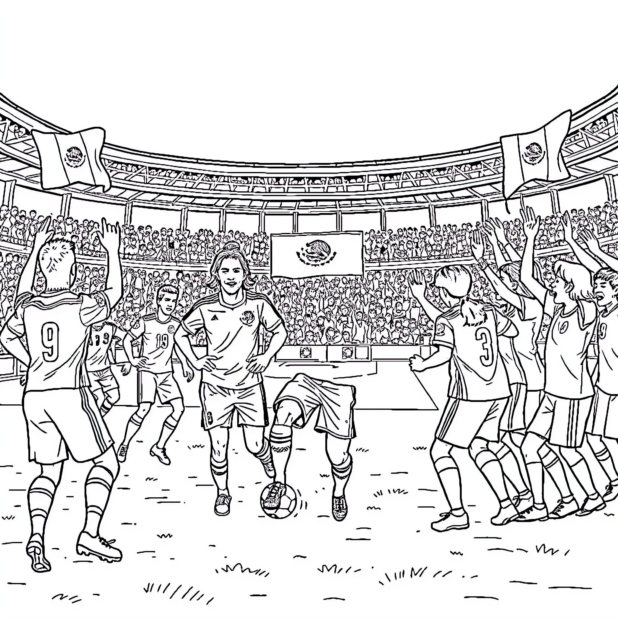 Soccer players celebrating on the field with fans Coloring Page (free black-and-white line drawing printable PDF for all, from beginners to advanced learners, including children, teens, adults, and seniors)