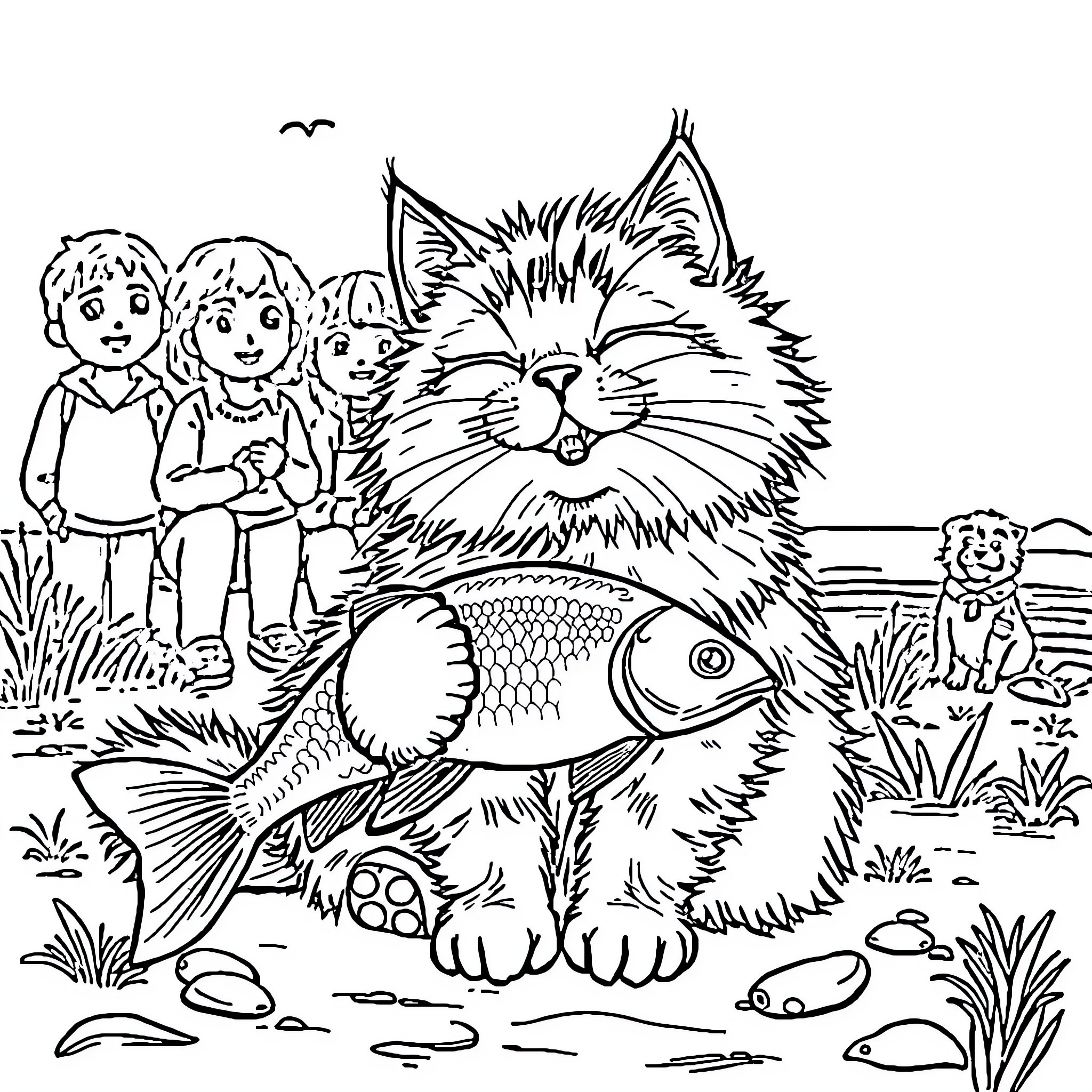 Cat and kids exploring nature together Coloring Page (free black-and-white line drawing printable PDF for all, from beginners to advanced learners, including children, teens, adults, and seniors)