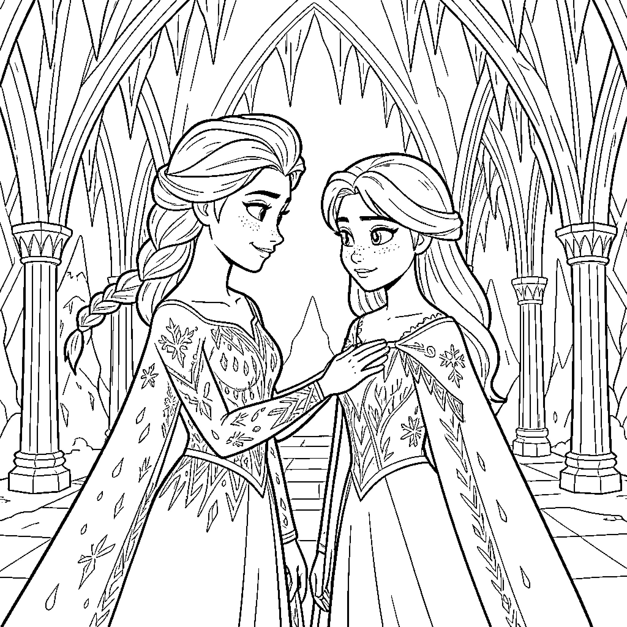 Elsa smiling and looking at a younger girl Coloring Page (free black-and-white line drawing printable PDF for all, from beginners to advanced learners, including children, teens, adults, and seniors)