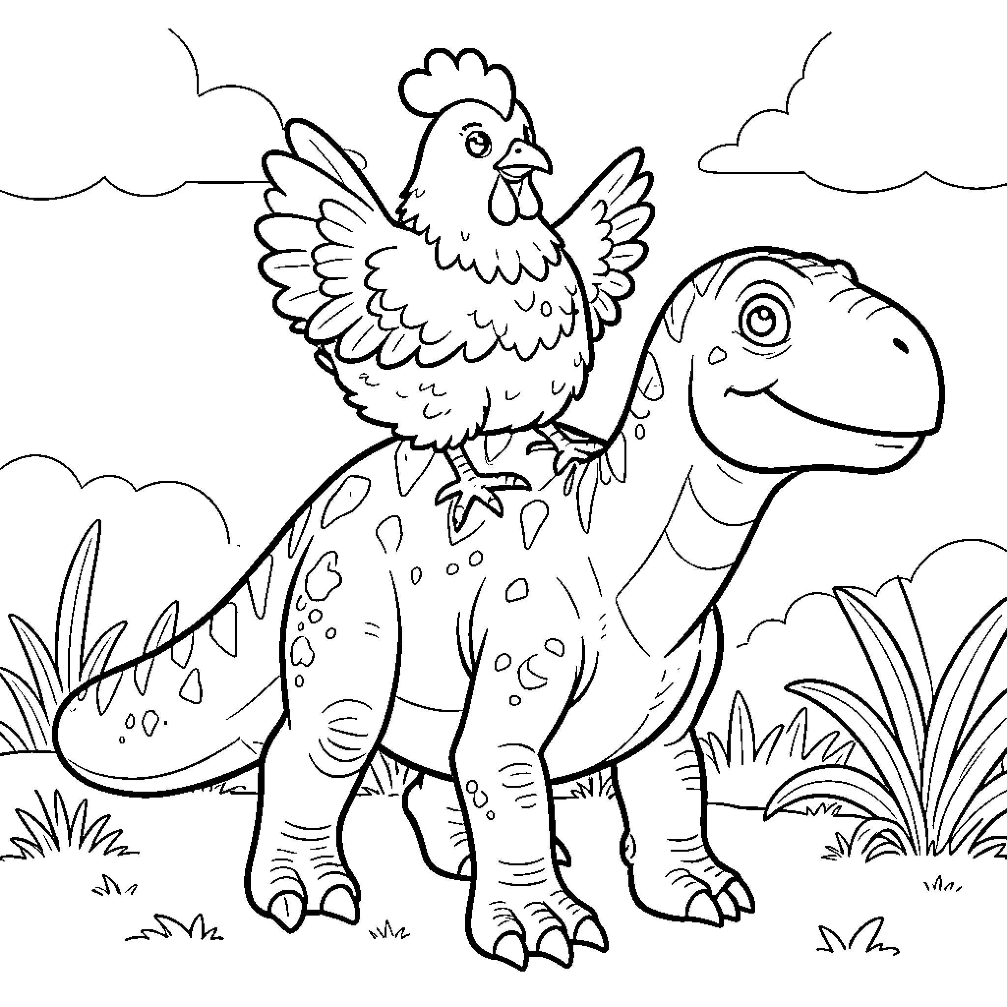 Chicken and Dinosaur Exploring the Countryside Coloring Page (free black-and-white line drawing printable PDF for all, from beginners to advanced learners, including children, teens, adults, and seniors)