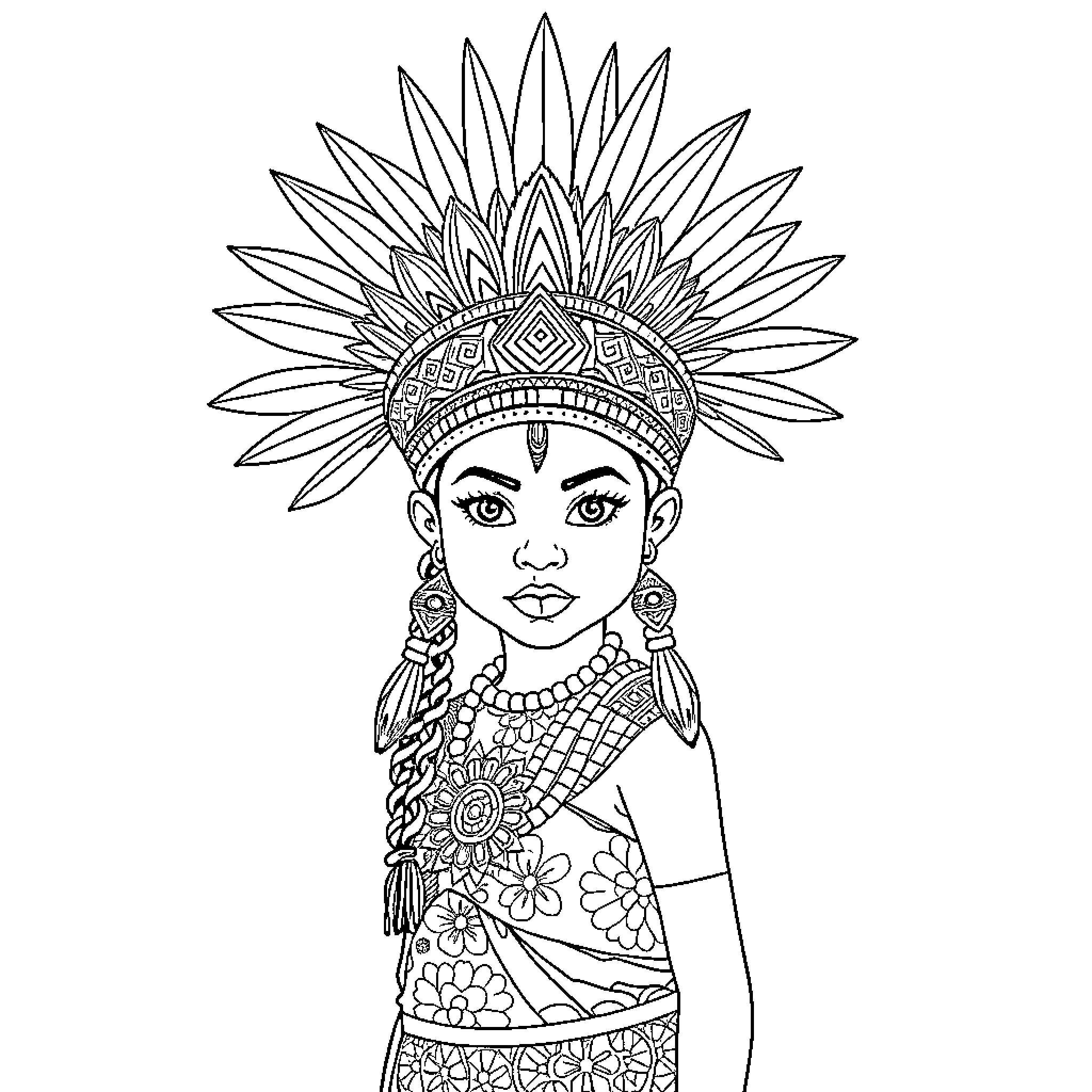 Girl in Ornate Headdress and Floral Attire Coloring Page (free black-and-white line drawing printable PDF for all, from beginners to advanced learners, including children, teens, adults, and seniors)