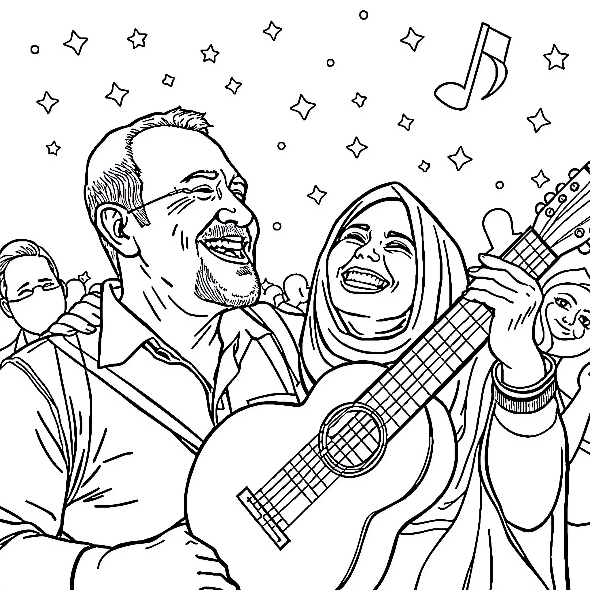Celebration of Music and Laughter Coloring Page (free black-and-white line drawing printable PDF for all, from beginners to advanced learners, including children, teens, adults, and seniors)