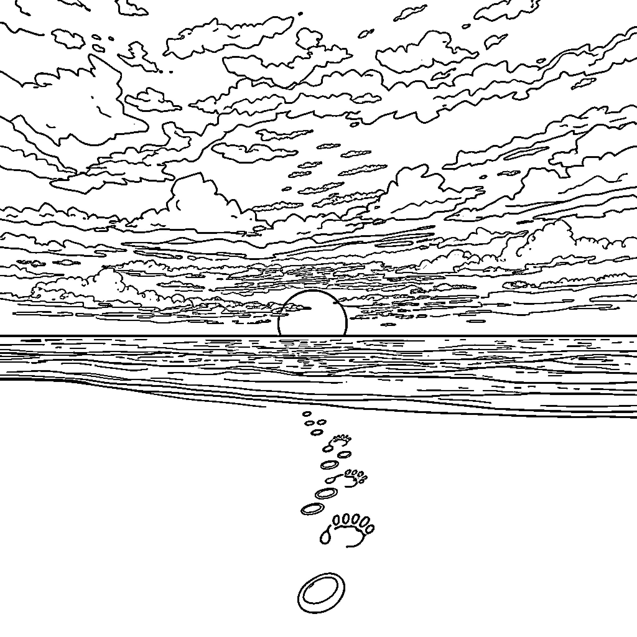 Sunset by the Tranquil Ocean Coloring Page (free black-and-white line drawing printable PDF for all, from beginners to advanced learners, including children, teens, adults, and seniors)
