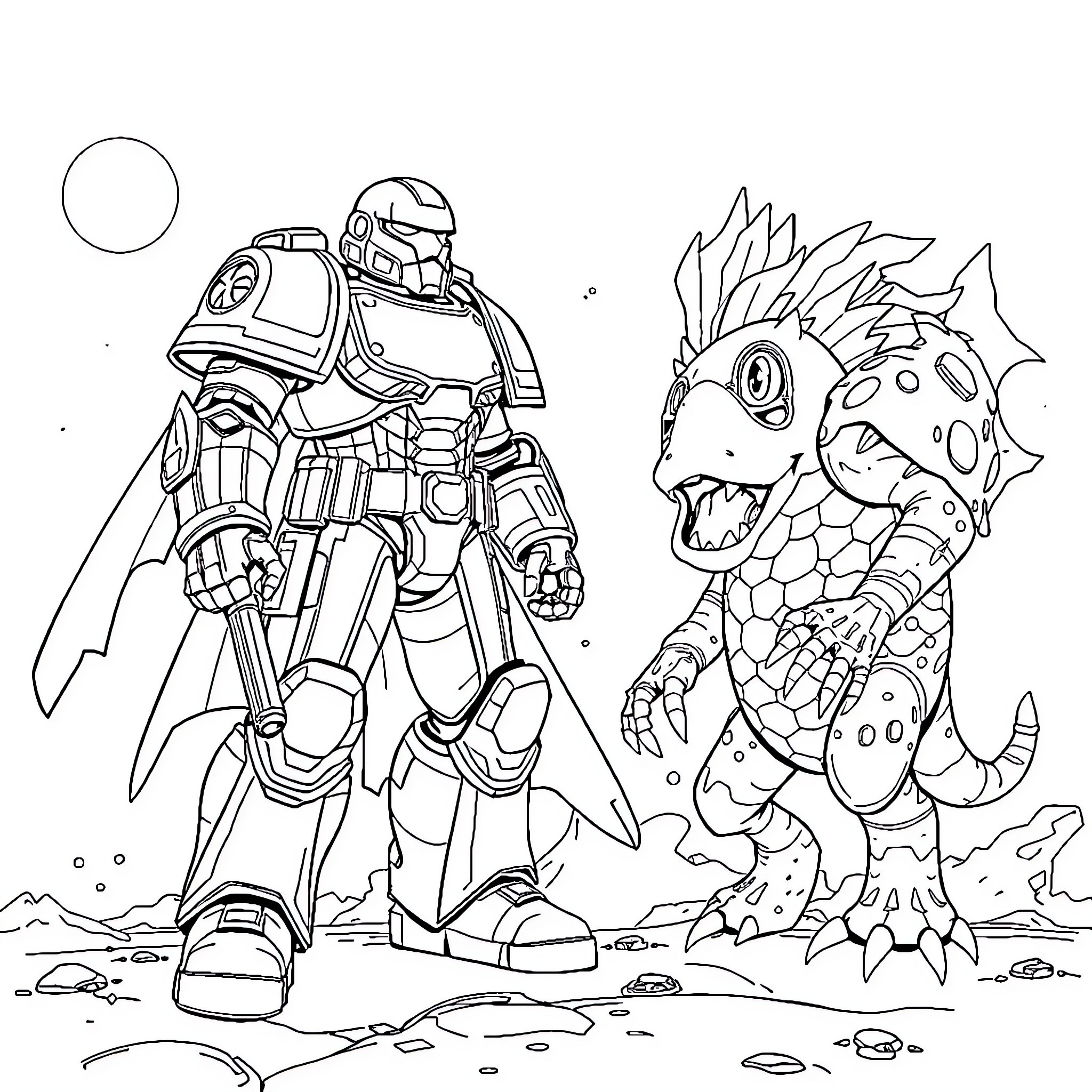 Space Marine confronting a fierce alien creature Coloring Page (free black-and-white line drawing printable PDF for all, from beginners to advanced learners, including children, teens, adults, and seniors)