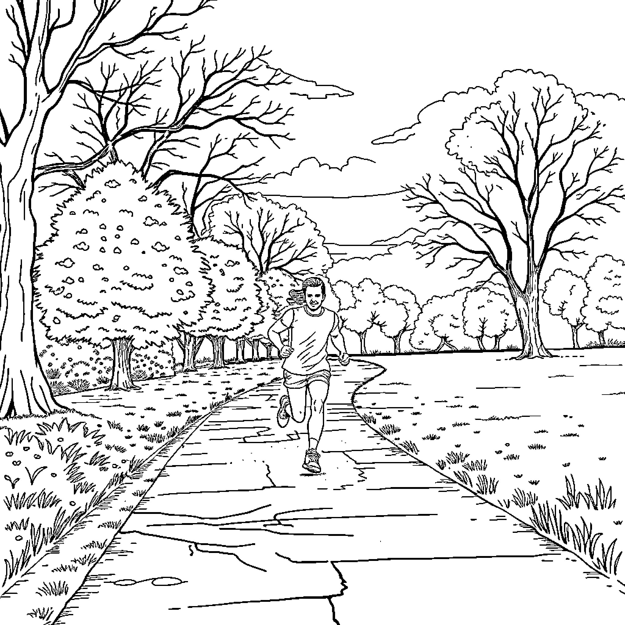 Running through the Autumn Landscape Coloring Page (free black-and-white line drawing printable PDF for all, from beginners to advanced learners, including children, teens, adults, and seniors)