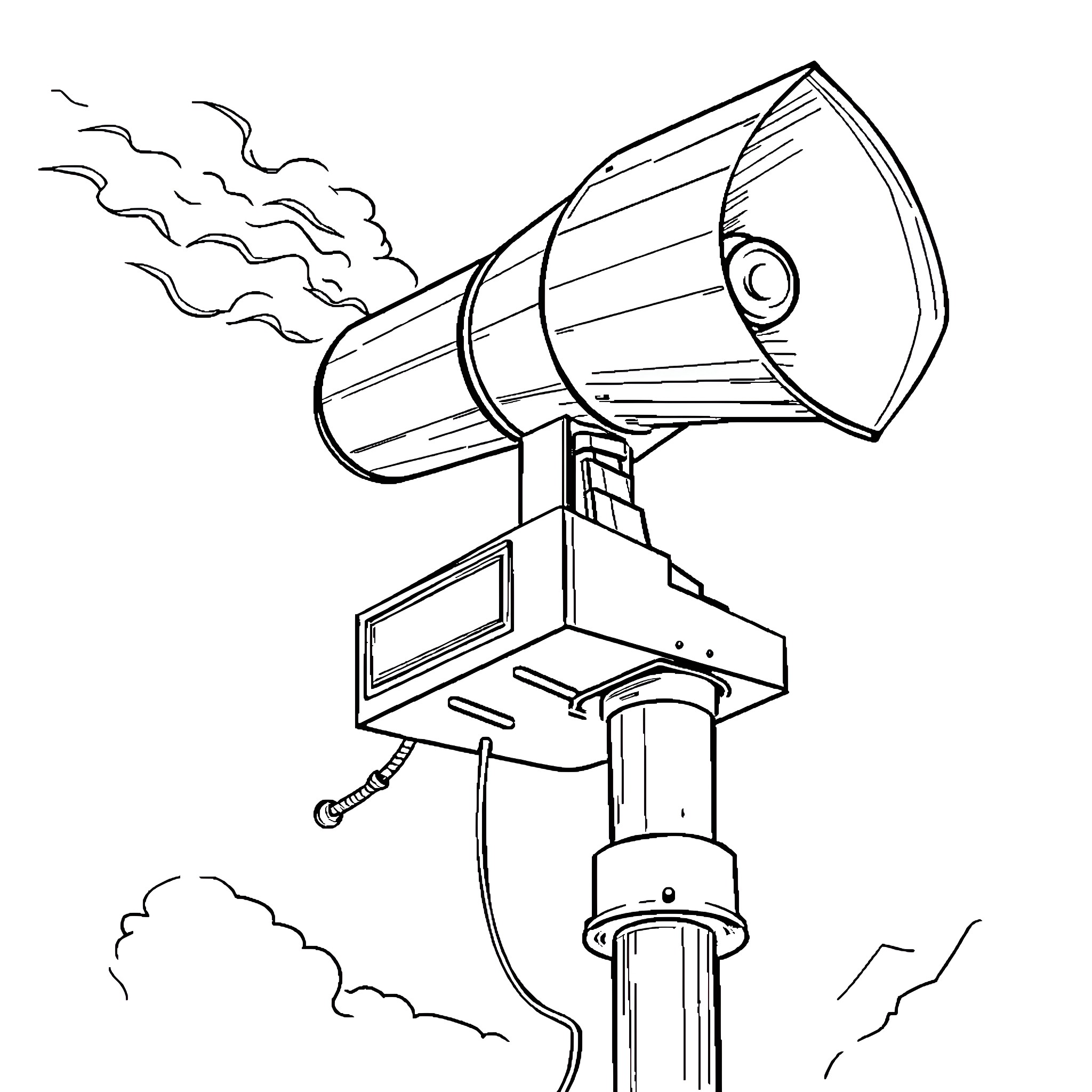 Siren blaring through the night sky Coloring Page (free black-and-white line drawing printable PDF for all, from beginners to advanced learners, including children, teens, adults, and seniors)