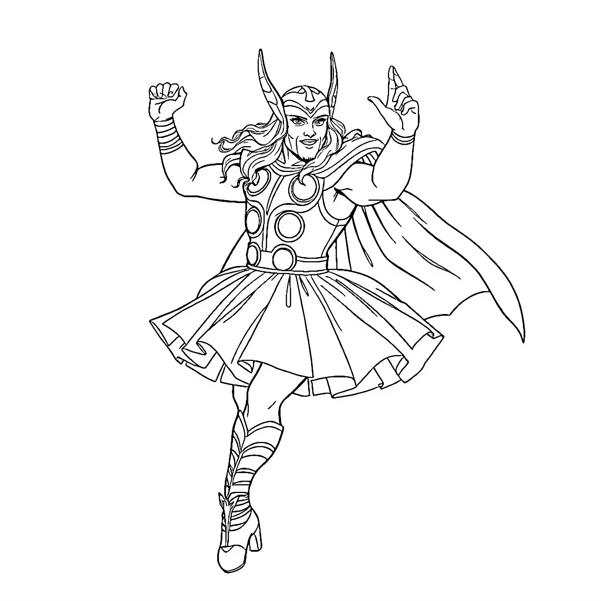Thor triumphantly poses in his iconic costume Coloring Page (free black-and-white line drawing printable PDF for all, from beginners to advanced learners, including children, teens, adults, and seniors)