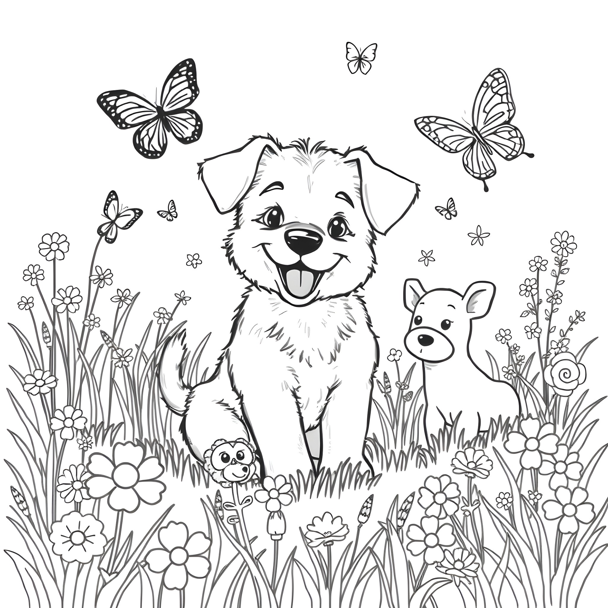 Bluey and her friend playing in the flowery garden Coloring Page (free black-and-white line drawing printable PDF for all, from beginners to advanced learners, including children, teens, adults, and seniors)
