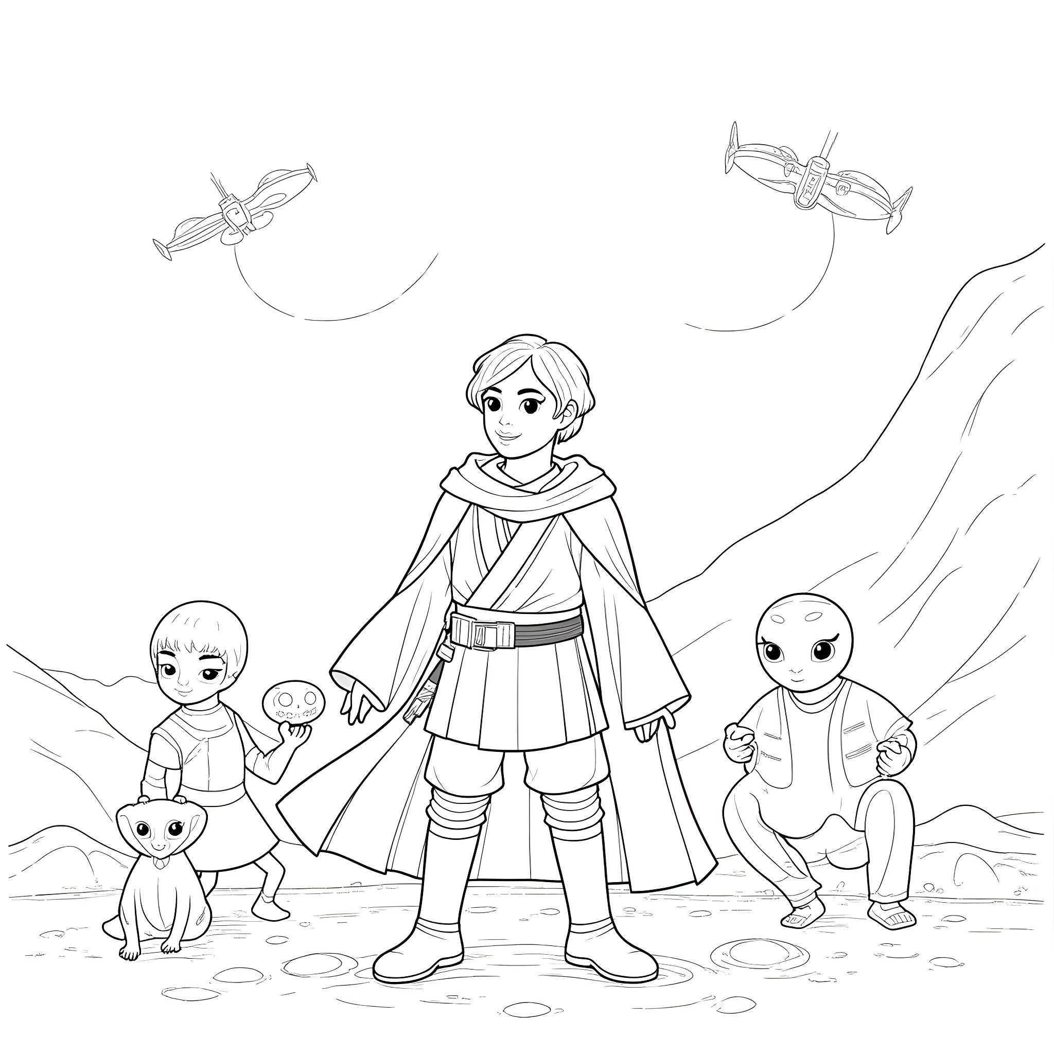 Boy Adventurer Exploring Alien Planet with Companions Coloring Page (free black-and-white line drawing printable PDF for all, from beginners to advanced learners, including children, teens, adults, and seniors)