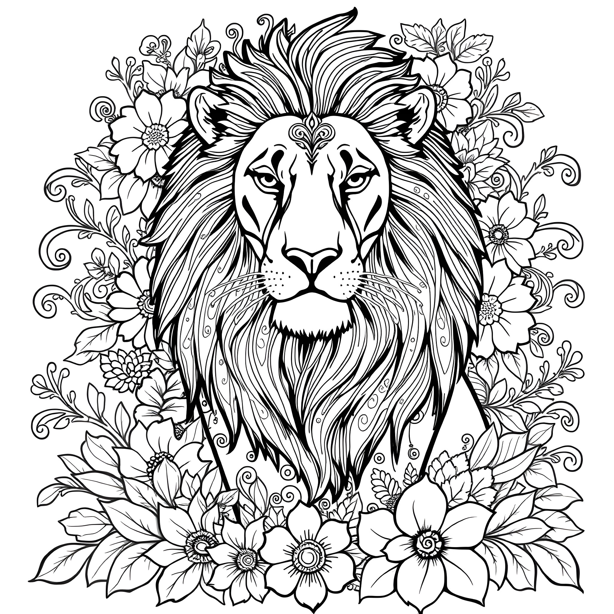 Lion surrounded by beautiful floral designs Coloring Page (free black-and-white line drawing printable PDF for all, from beginners to advanced learners, including children, teens, adults, and seniors)