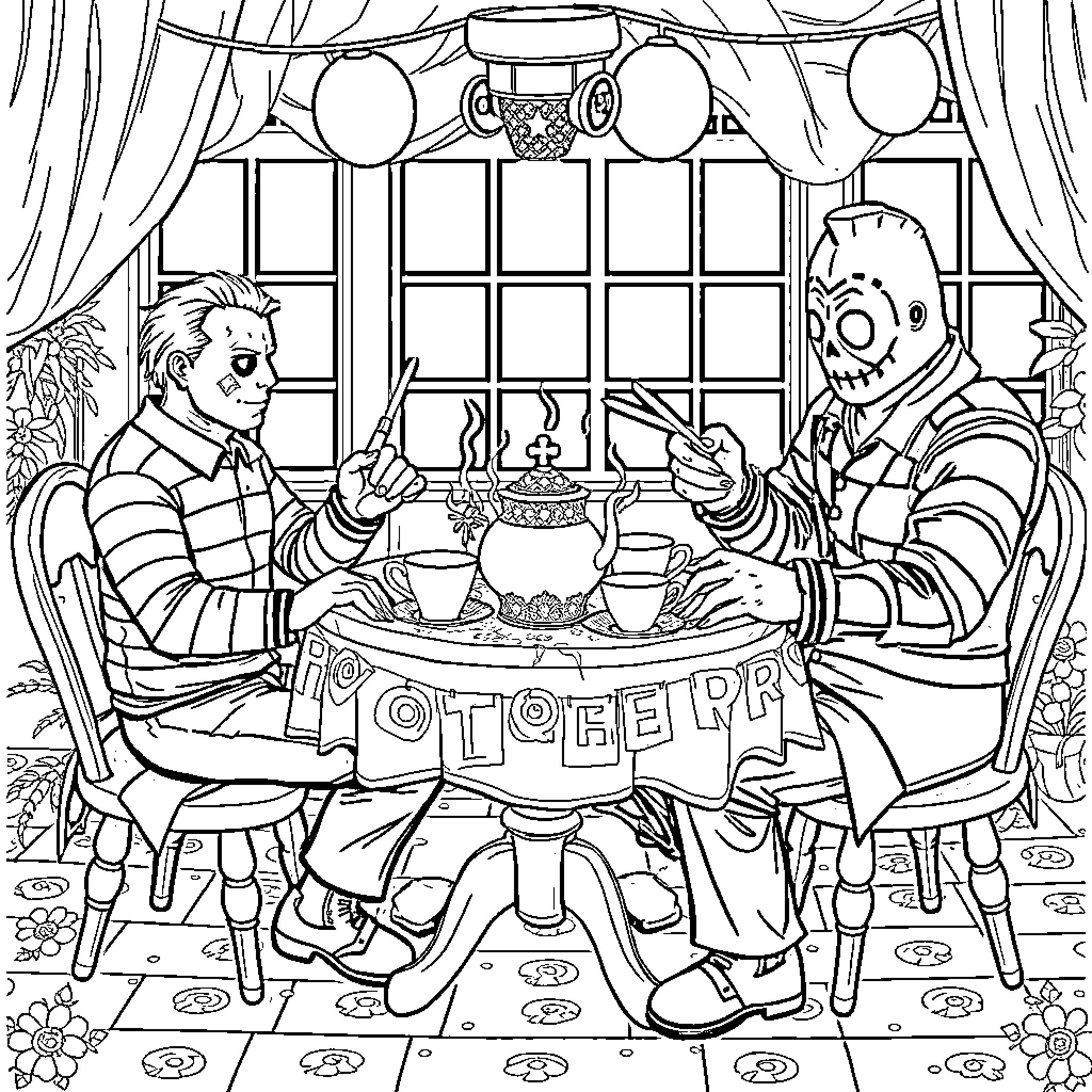 Horror Characters Sharing Tea and Treats Coloring Page (free black-and-white line drawing printable PDF for all, from beginners to advanced learners, including children, teens, adults, and seniors)