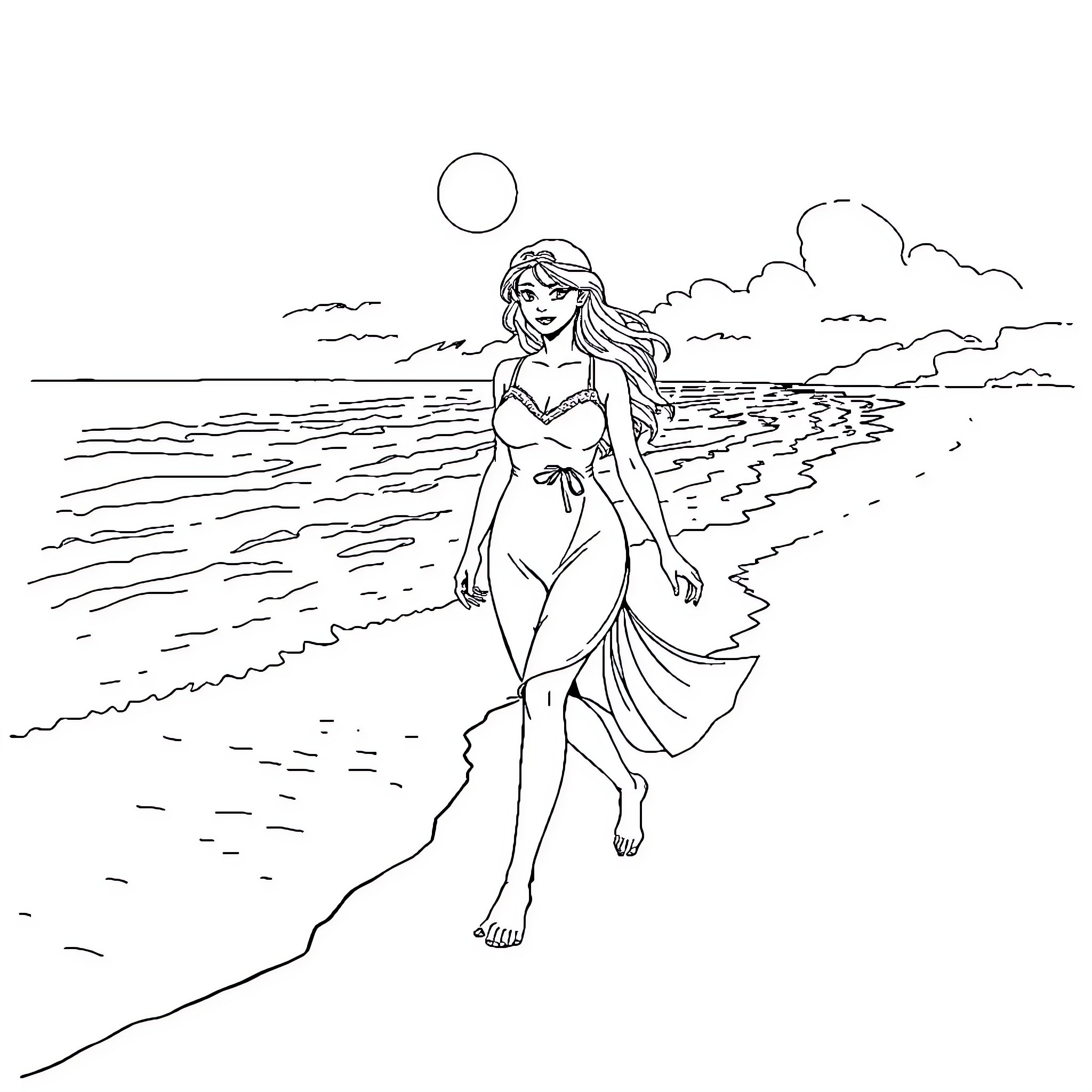 Elsa strolling along the serene beach Coloring Page (free black-and-white line drawing printable PDF for all, from beginners to advanced learners, including children, teens, adults, and seniors)