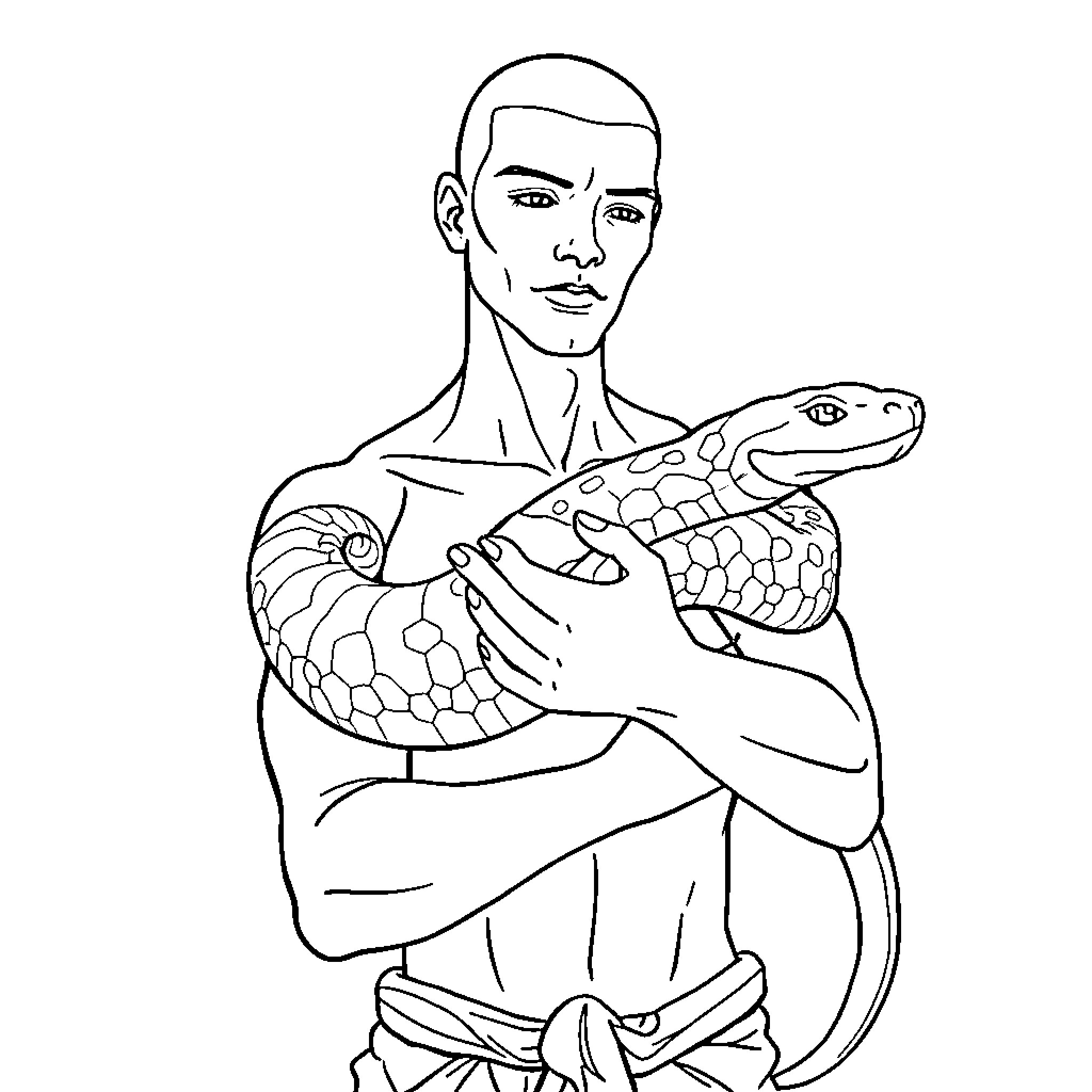 Human holding large snake calmly Coloring Page (free black-and-white line drawing printable PDF for all, from beginners to advanced learners, including children, teens, adults, and seniors)