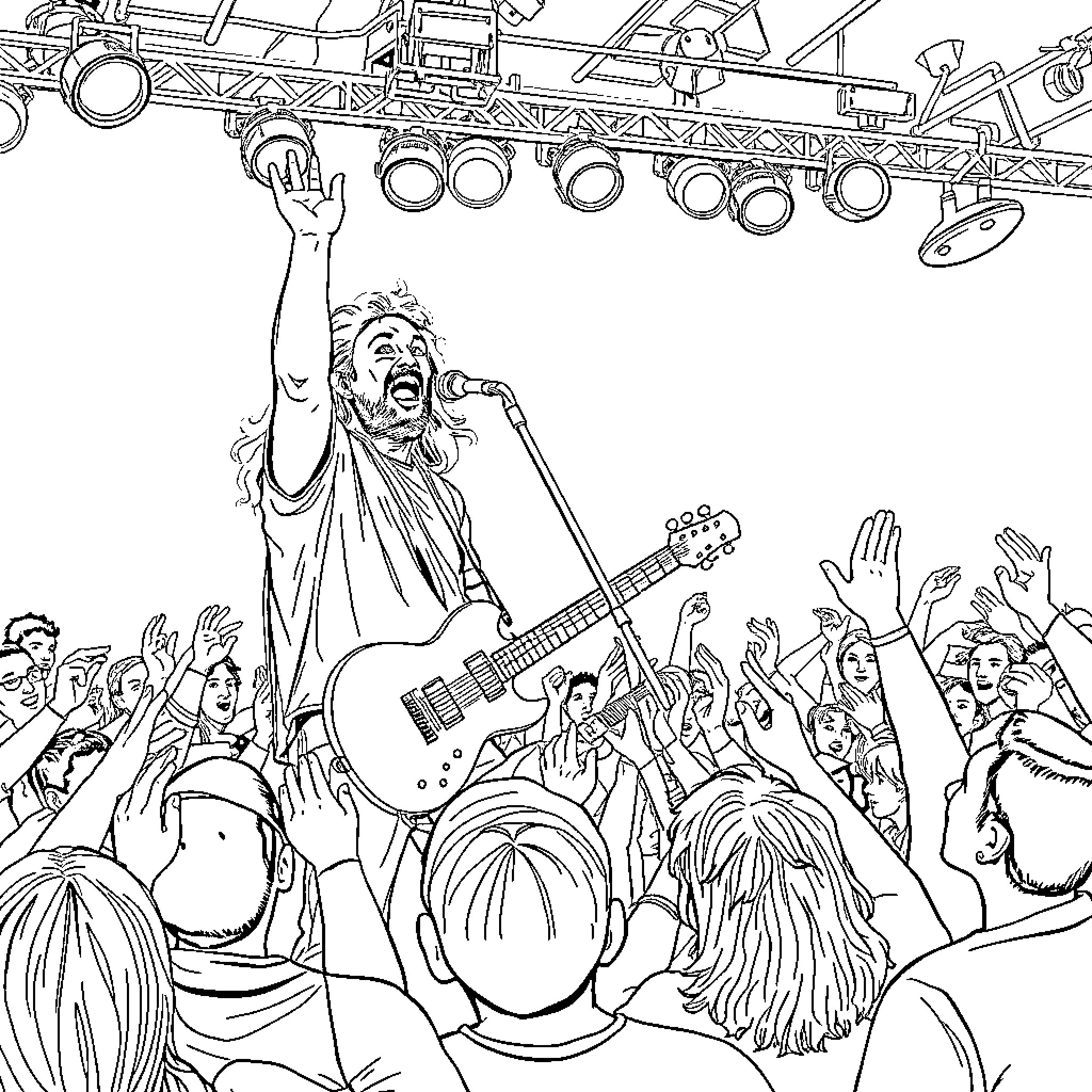 Koe Wetzel rocking out on stage with an energetic crowd Coloring Page (free black-and-white line drawing printable PDF for all, from beginners to advanced learners, including children, teens, adults, and seniors)