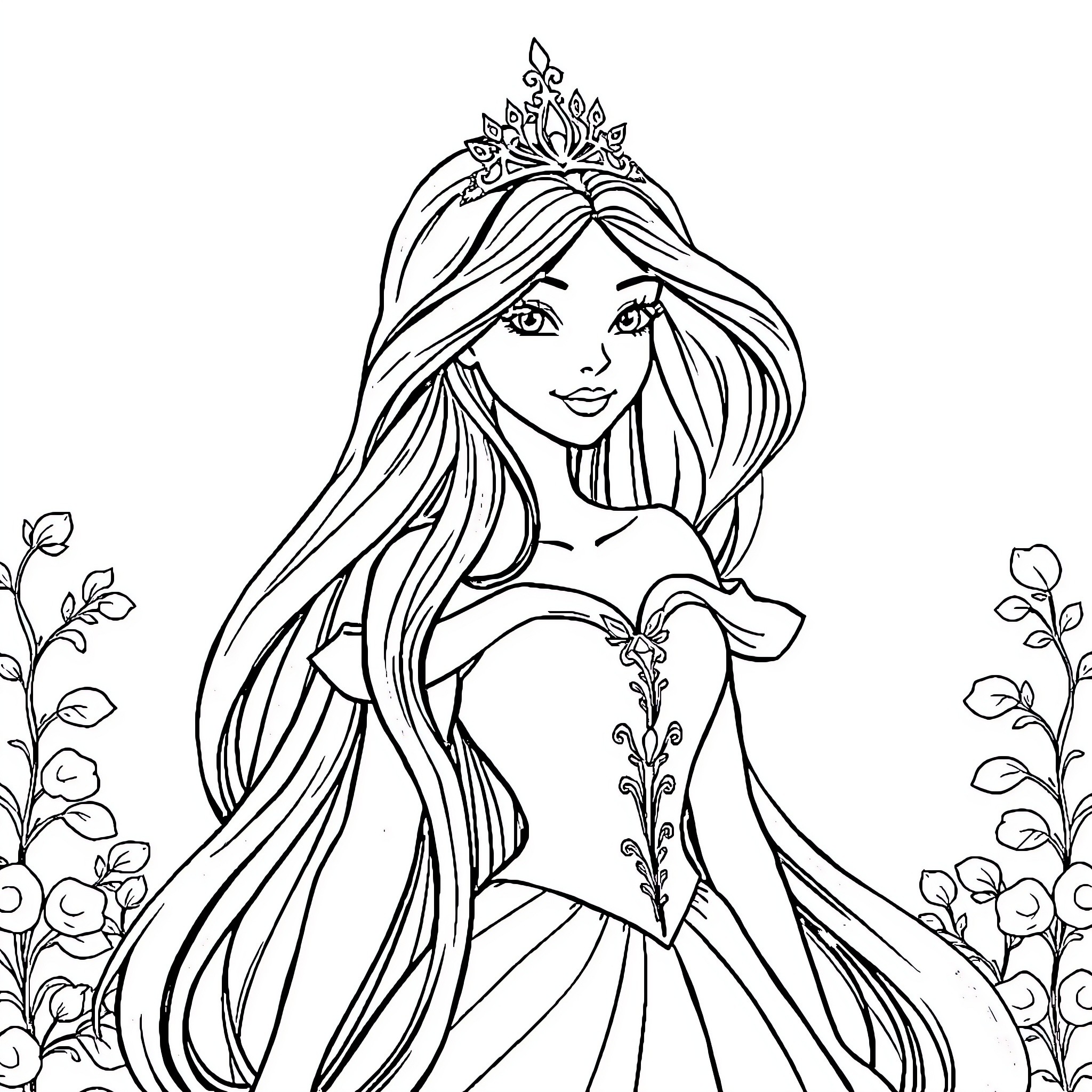 Princess in Elegant Gown with Floral Surroundings Coloring Page (free black-and-white line drawing printable PDF for all, from beginners to advanced learners, including children, teens, adults, and seniors)