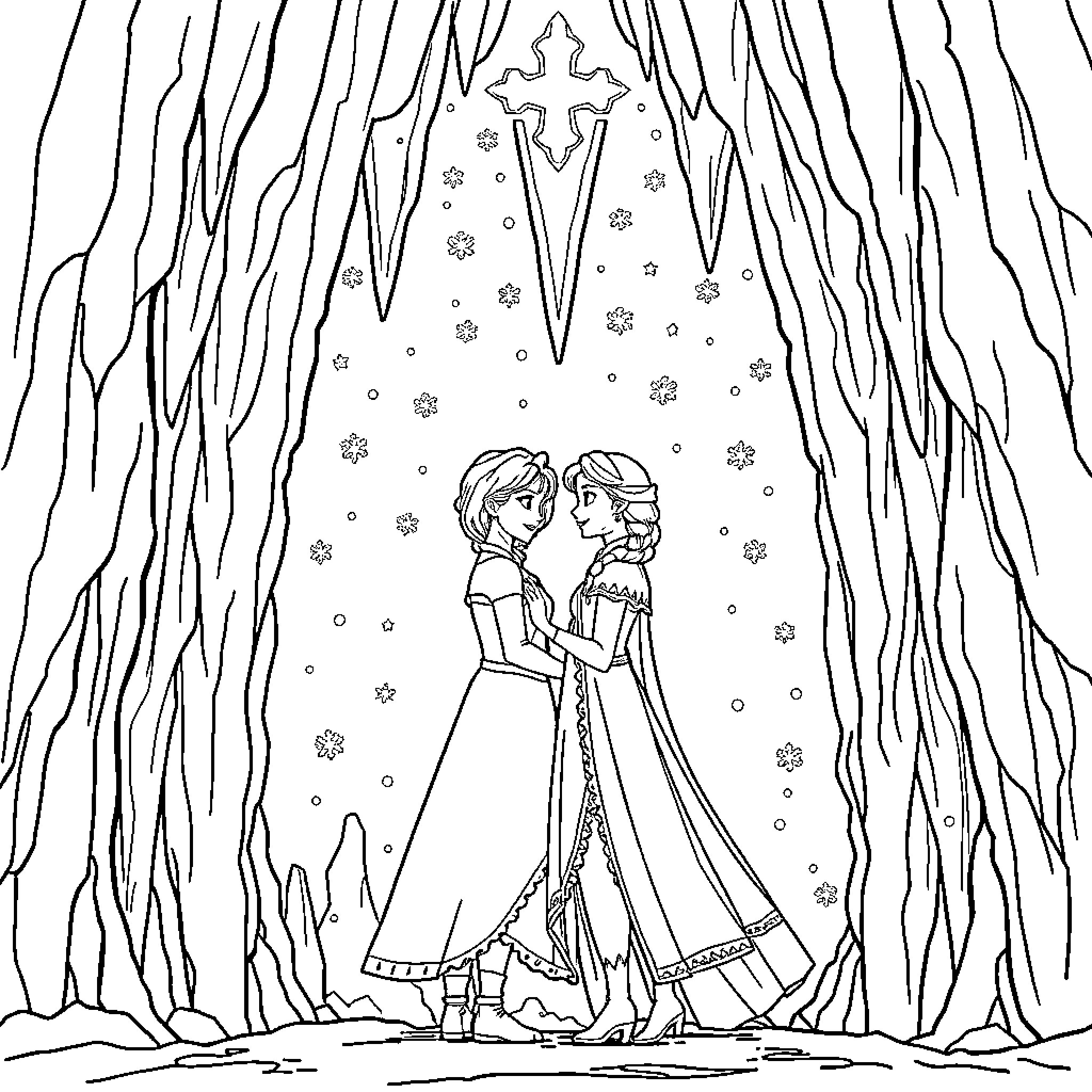 Elsa and Anna dancing in a winter wonderland Coloring Page (free black-and-white line drawing printable PDF for all, from beginners to advanced learners, including children, teens, adults, and seniors)