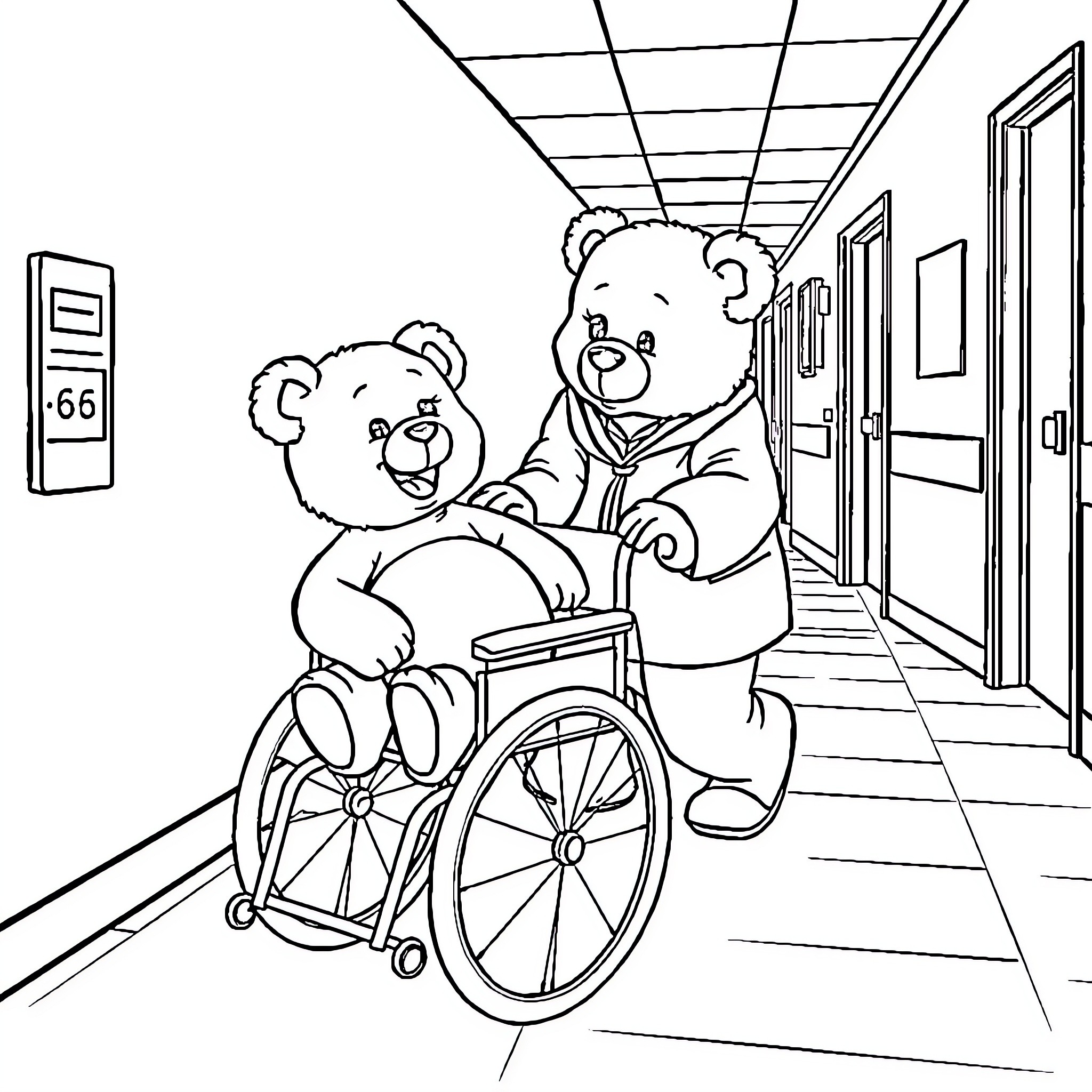 Teddy Bears Caring for Each Other in Hospital Coloring Page (free black-and-white line drawing printable PDF for all, from beginners to advanced learners, including children, teens, adults, and seniors)