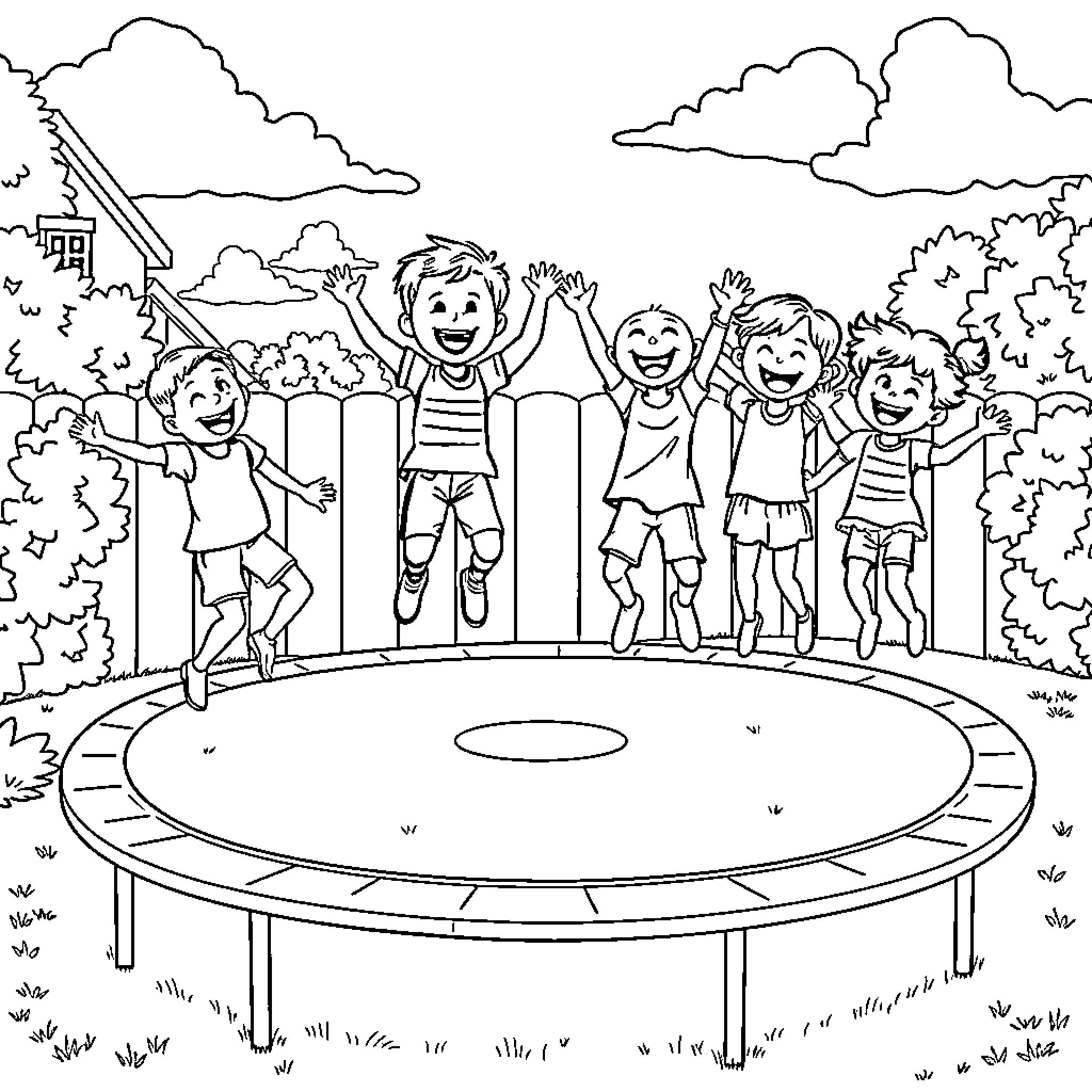 Kid playing on trampoline with friends in park Coloring Page (free black-and-white line drawing printable PDF for all, from beginners to advanced learners, including children, teens, adults, and seniors)