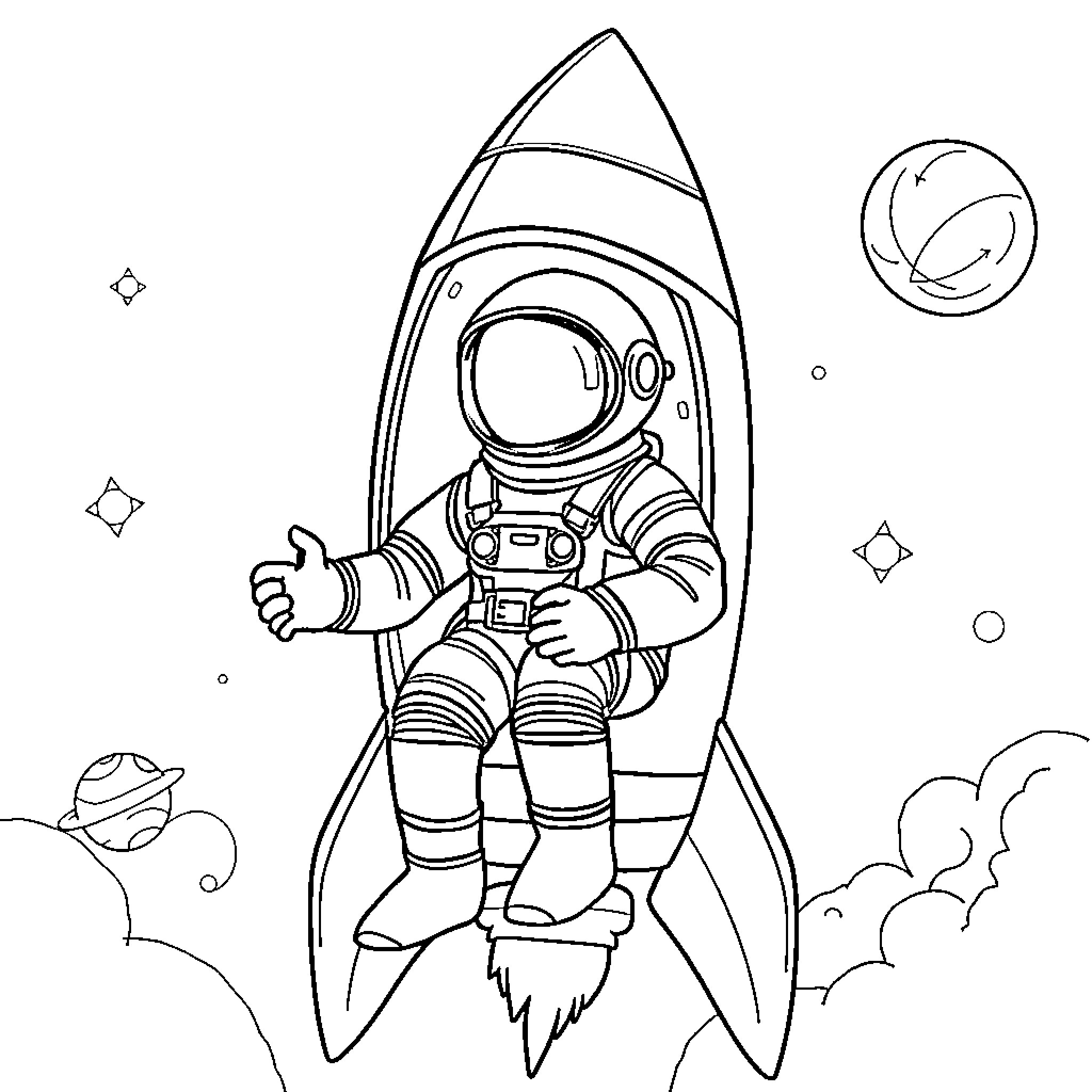 Astronaut launching into space in a rocket Coloring Page (free black-and-white line drawing printable PDF for all, from beginners to advanced learners, including children, teens, adults, and seniors)