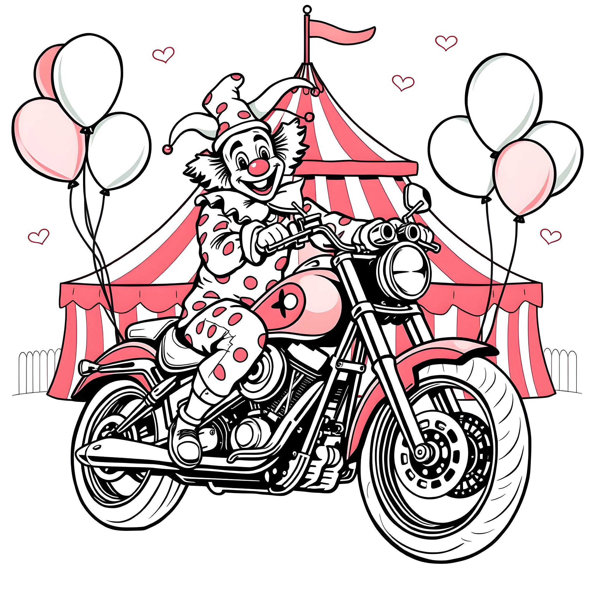 Clown riding motorcycle near circus tent with balloons Coloring Page (free black-and-white line drawing printable PDF for all, from beginners to advanced learners, including children, teens, adults, and seniors)