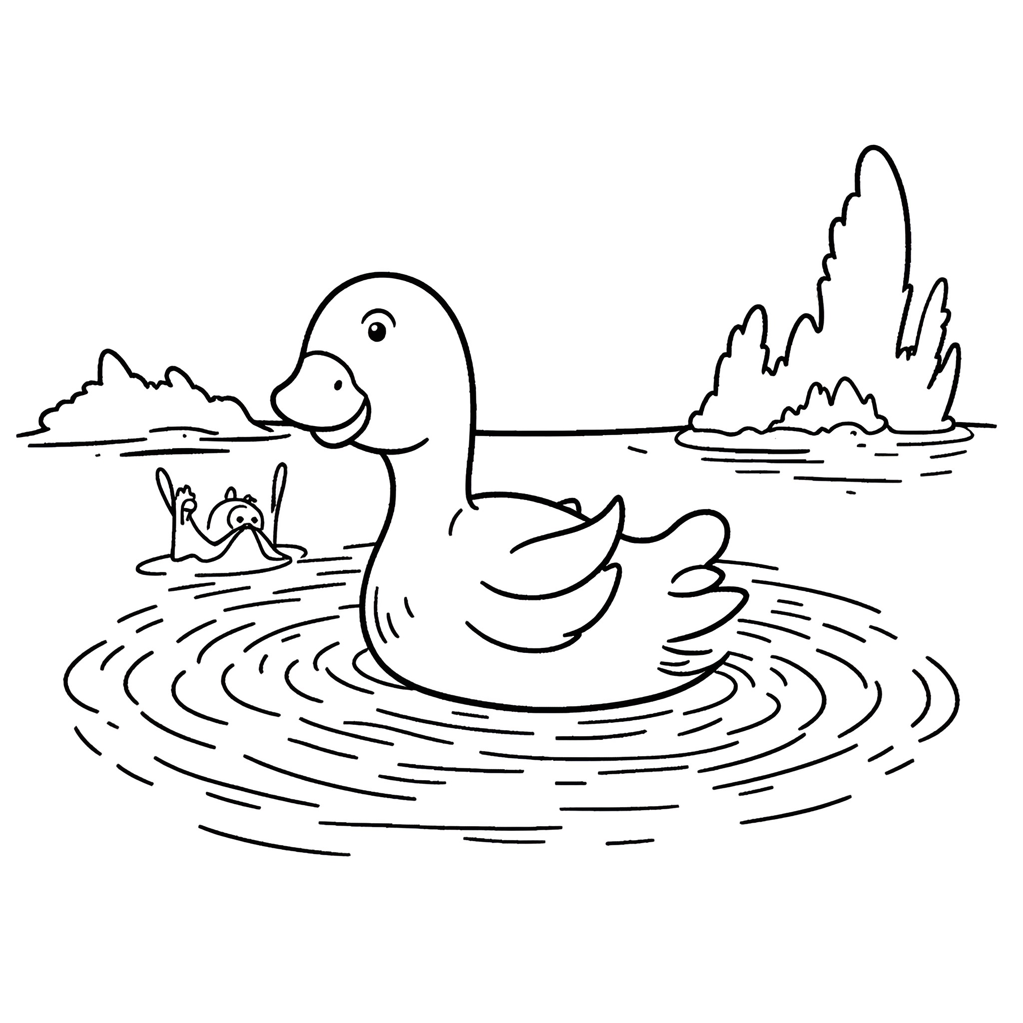 Ducks swimming in a peaceful pond Coloring Page (free black-and-white line drawing printable PDF for all, from beginners to advanced learners, including children, teens, adults, and seniors)