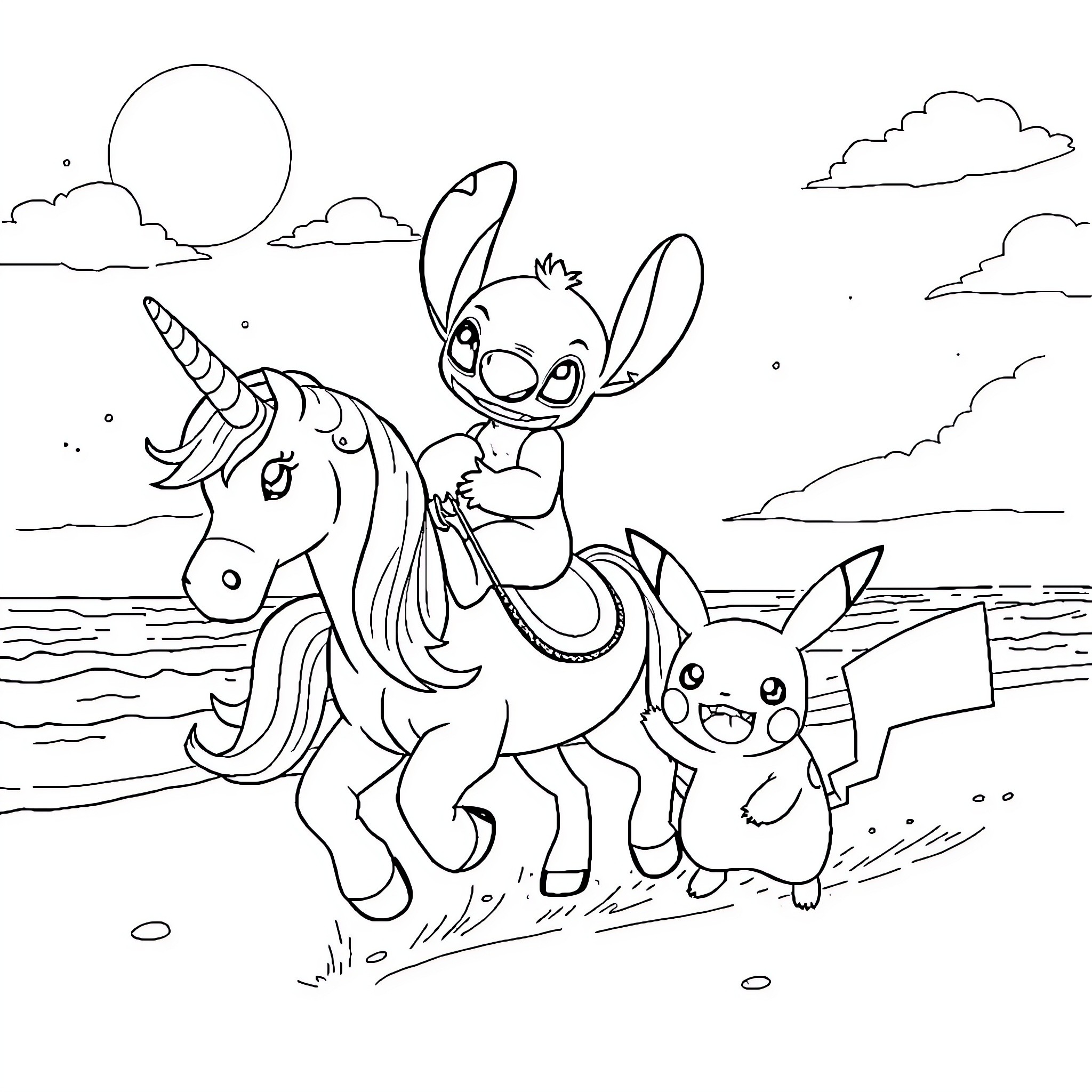 Stitch riding a magical unicorn with Pikachu Coloring Page (free black-and-white line drawing printable PDF for all, from beginners to advanced learners, including children, teens, adults, and seniors)