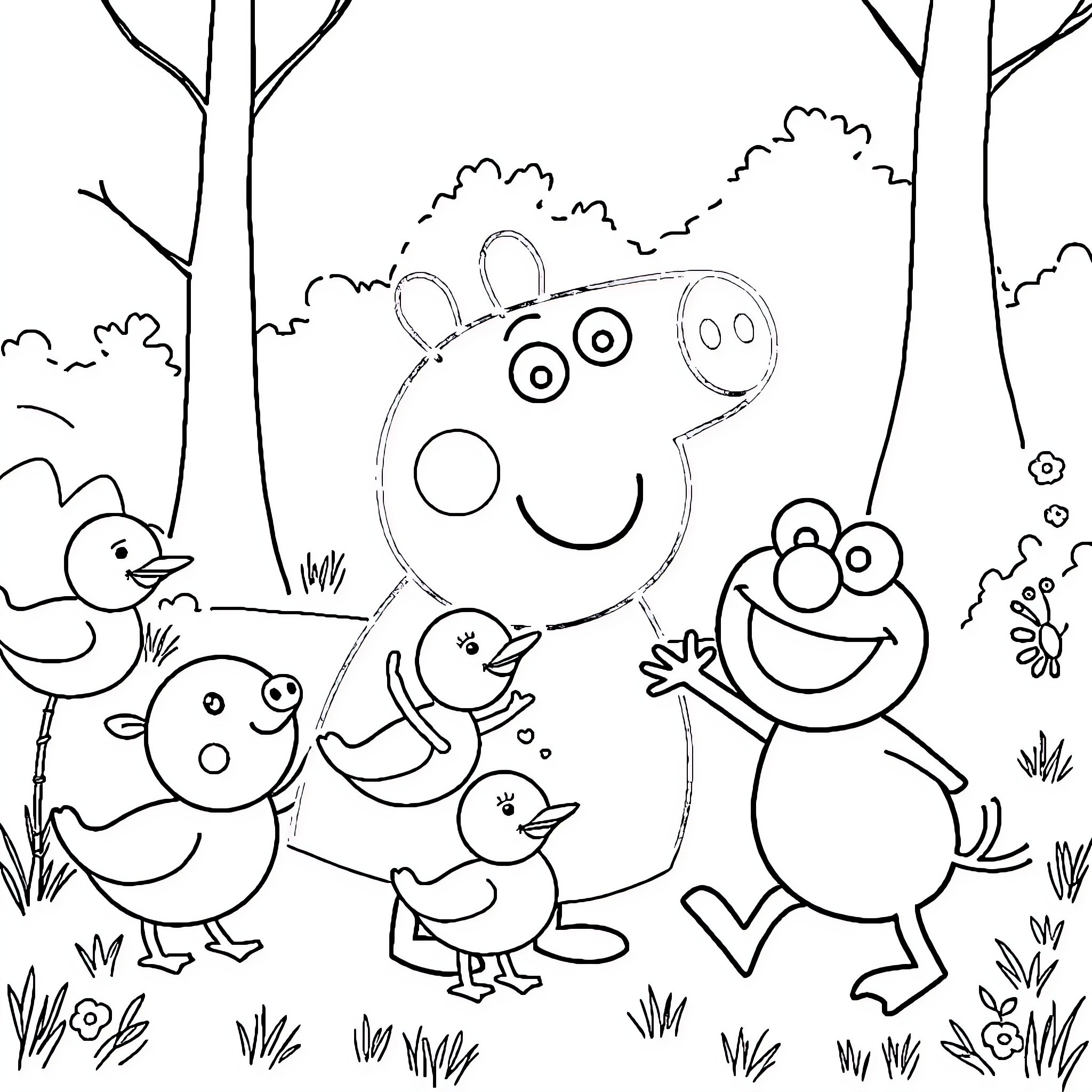 Duck Family Exploring the Forest Coloring Page (free black-and-white line drawing printable PDF for all, from beginners to advanced learners, including children, teens, adults, and seniors)