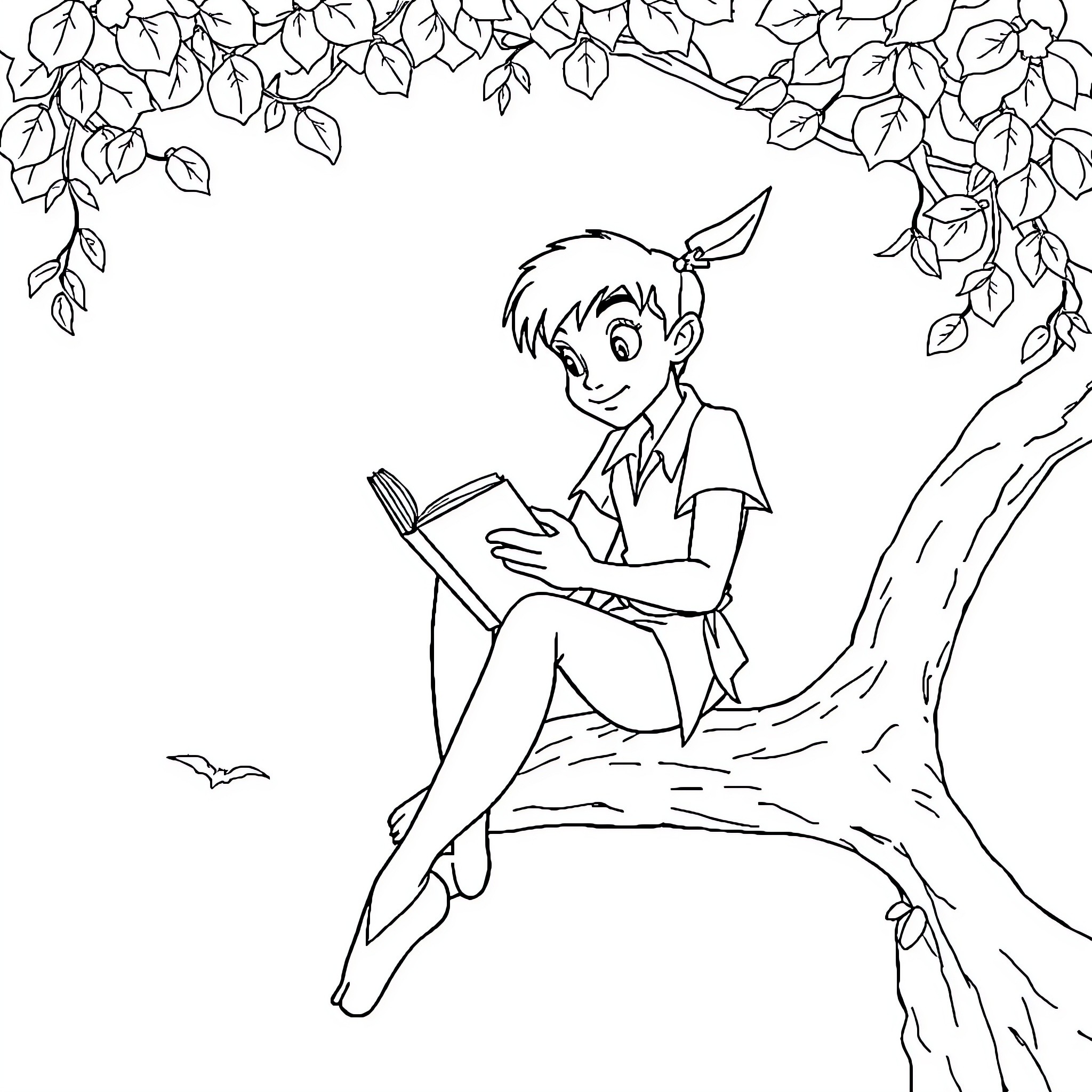 Peter Pan reading a book in the forest Coloring Page (free black-and-white line drawing printable PDF for all, from beginners to advanced learners, including children, teens, adults, and seniors)
