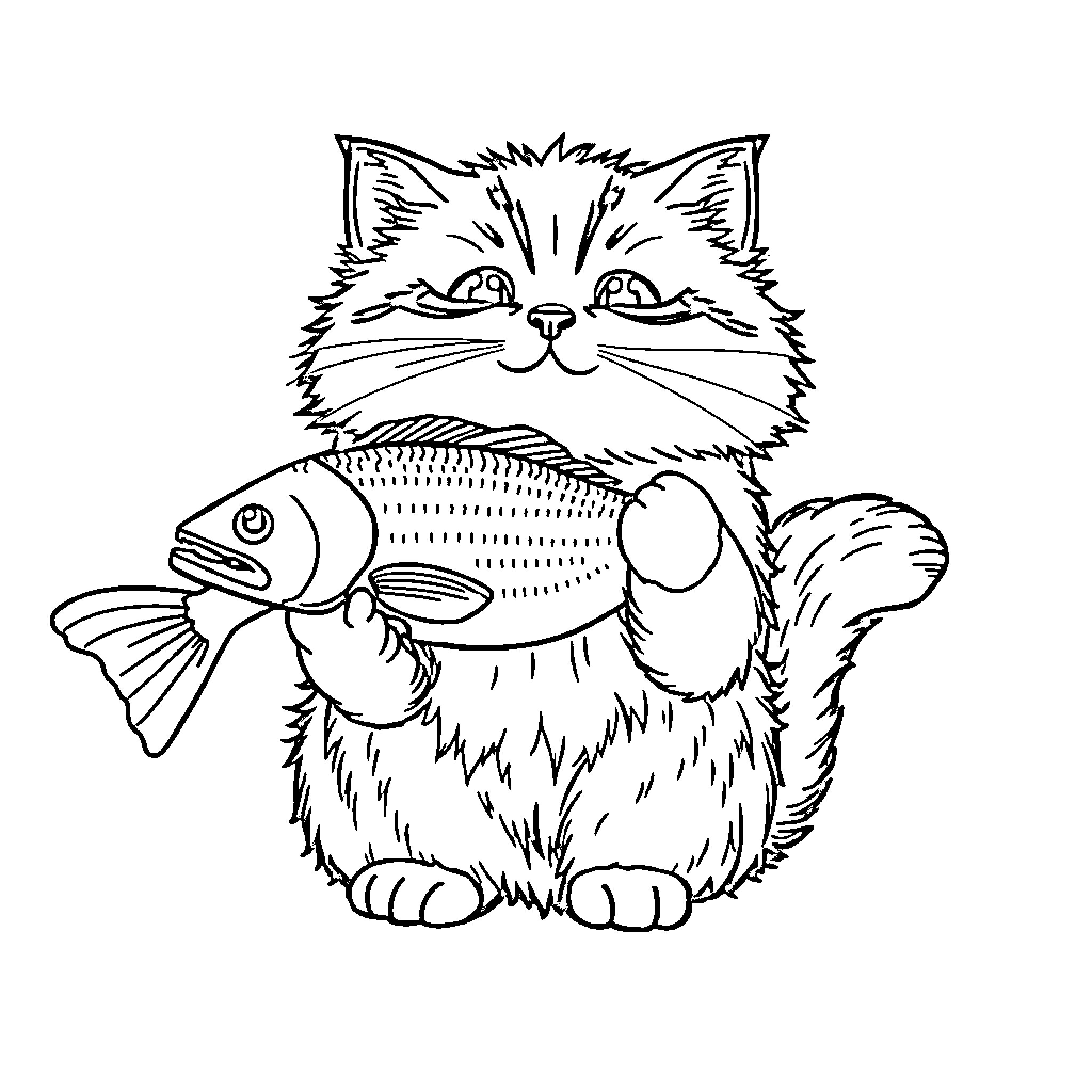 Cat caught with fish in its mouth Coloring Page (free black-and-white line drawing printable PDF for all, from beginners to advanced learners, including children, teens, adults, and seniors)