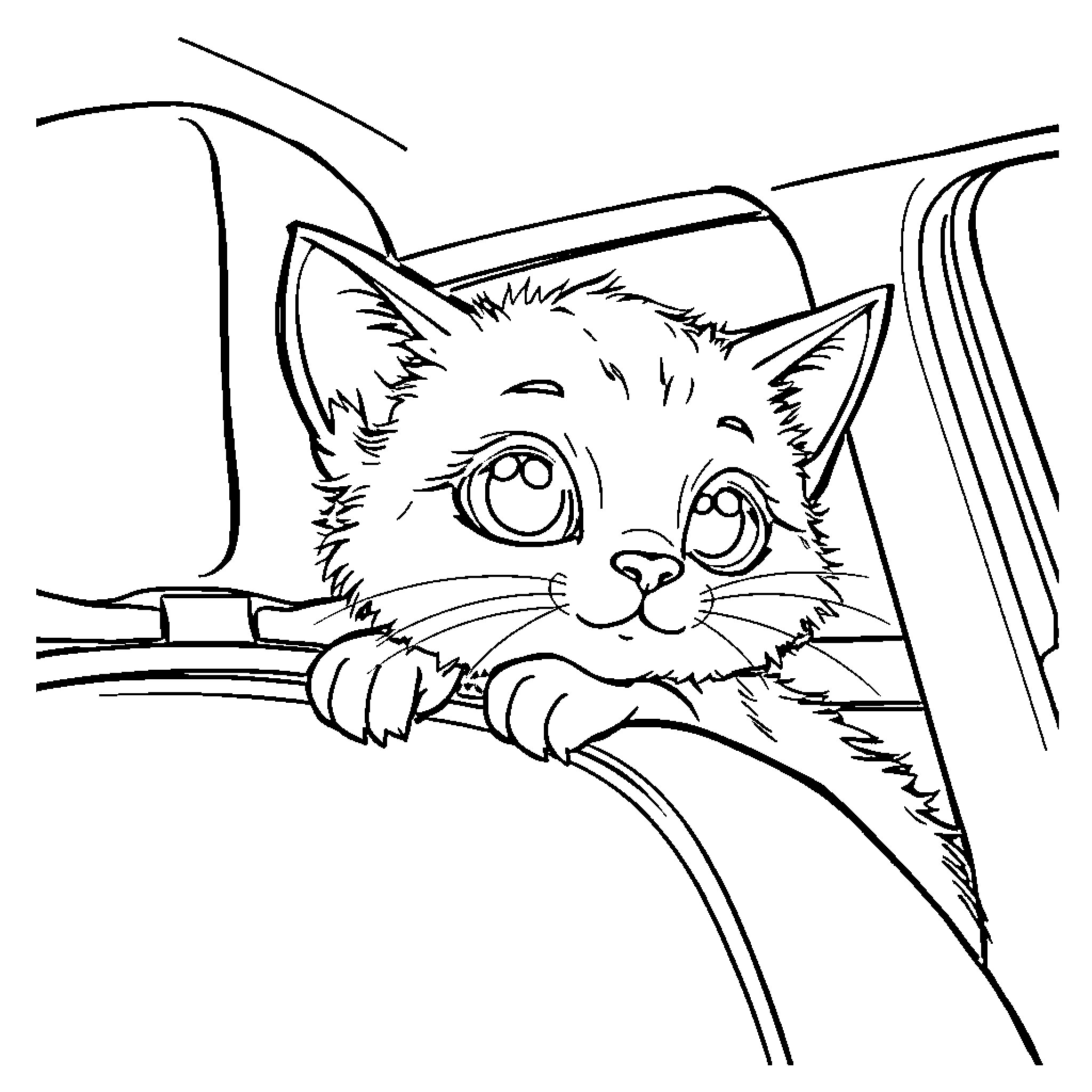 Gabby the curious cat peeking from car window Coloring Page (free black-and-white line drawing printable PDF for all, from beginners to advanced learners, including children, teens, adults, and seniors)