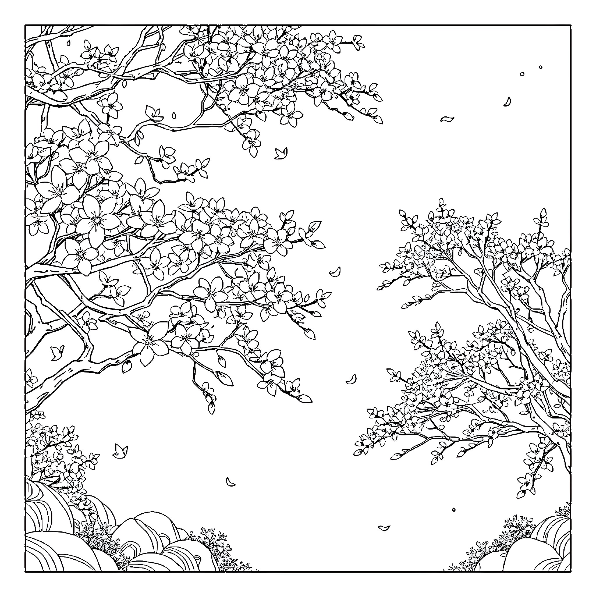 Cherry Blossom Springtime Scenery Coloring Page (free black-and-white line drawing printable PDF for all, from beginners to advanced learners, including children, teens, adults, and seniors)