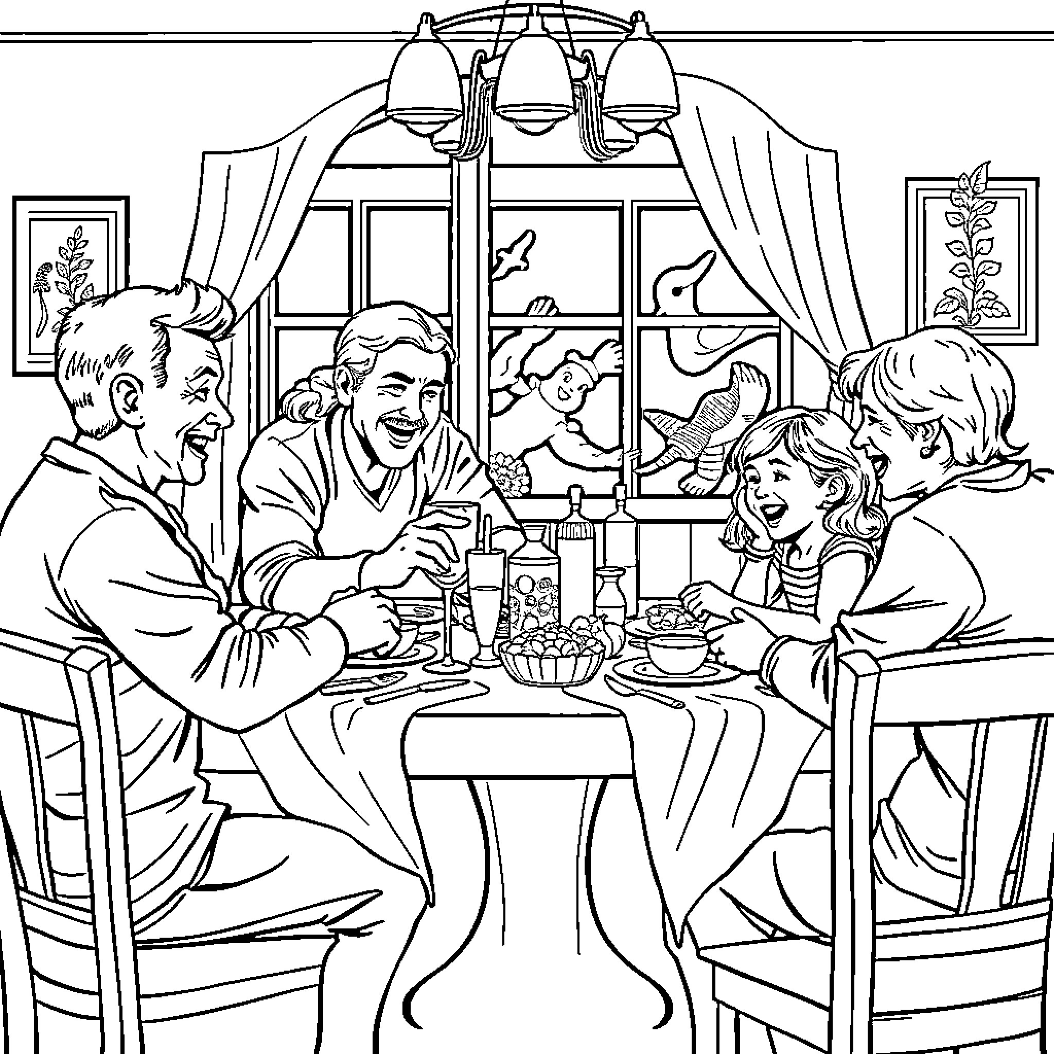 Family Enjoying a Cozy Meal Together Coloring Page (free black-and-white line drawing printable PDF for all, from beginners to advanced learners, including children, teens, adults, and seniors)