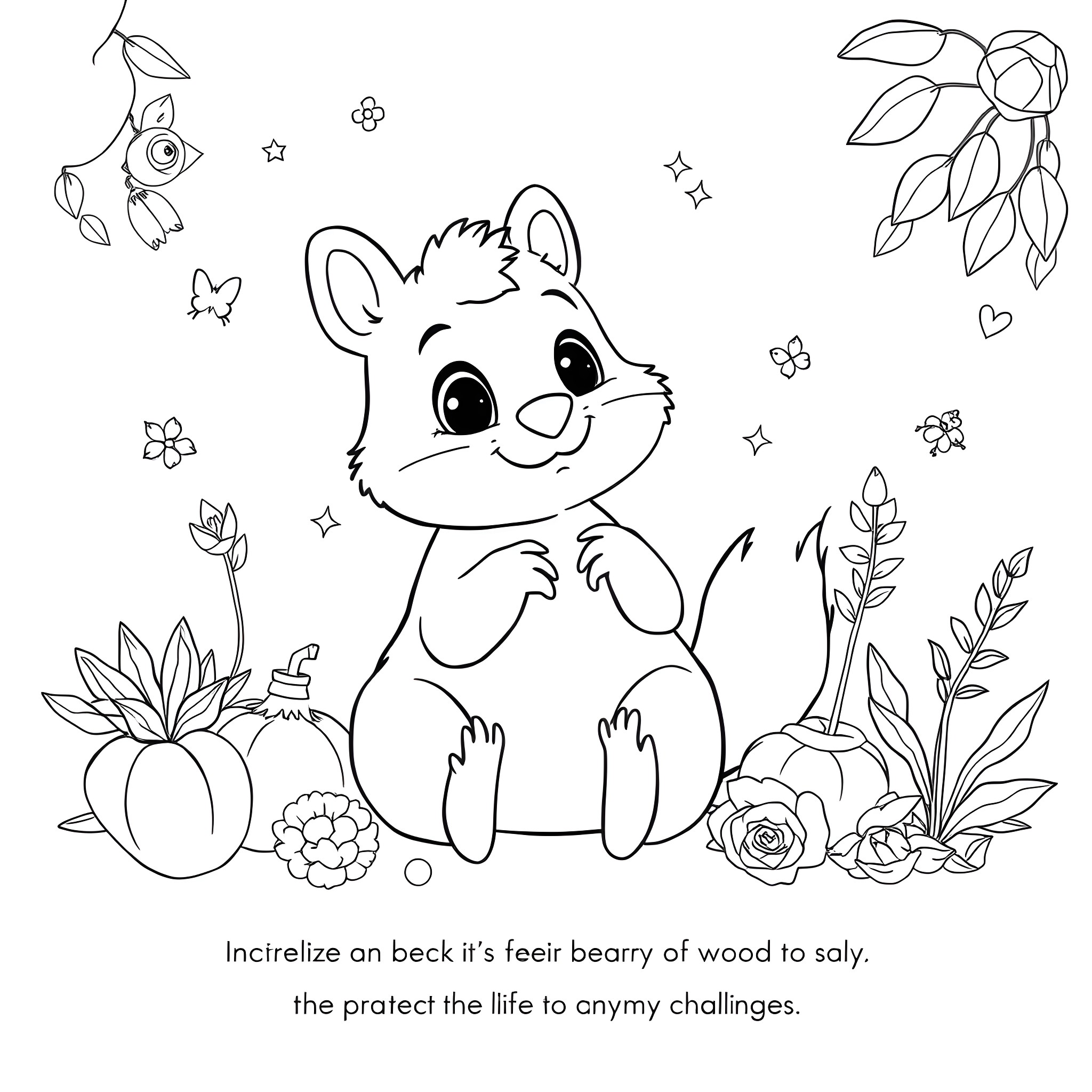 Animal playing happily in the garden Coloring Page (free black-and-white line drawing printable PDF for all, from beginners to advanced learners, including children, teens, adults, and seniors)