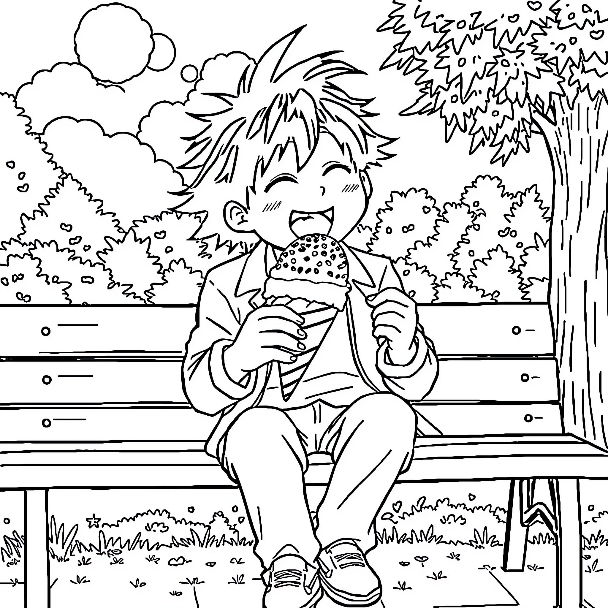 Satoru Gojo enjoying a snack on a park bench Coloring Page (free black-and-white line drawing printable PDF for all, from beginners to advanced learners, including children, teens, adults, and seniors)