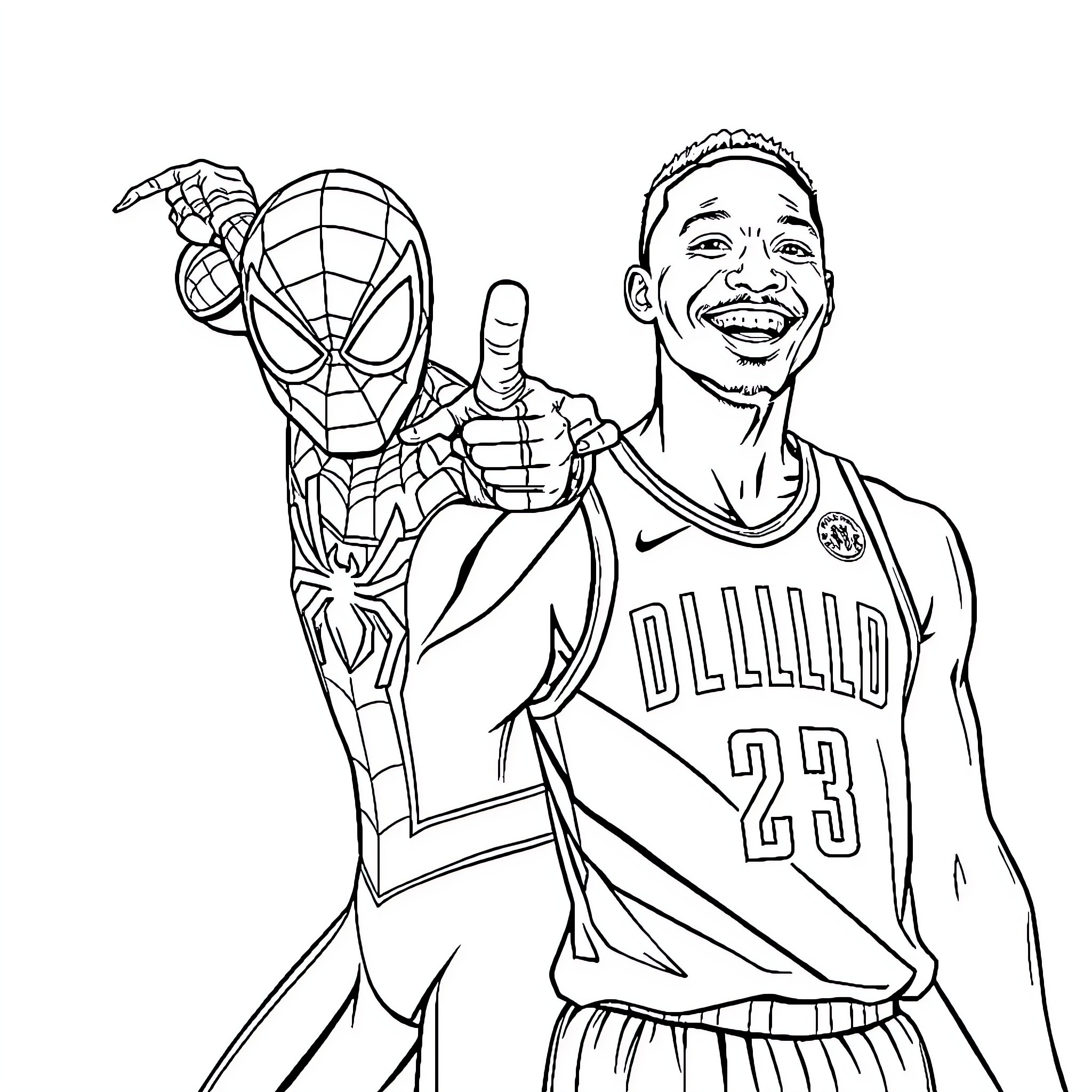 Spiderman and basketball player pose together Coloring Page (free black-and-white line drawing printable PDF for all, from beginners to advanced learners, including children, teens, adults, and seniors)