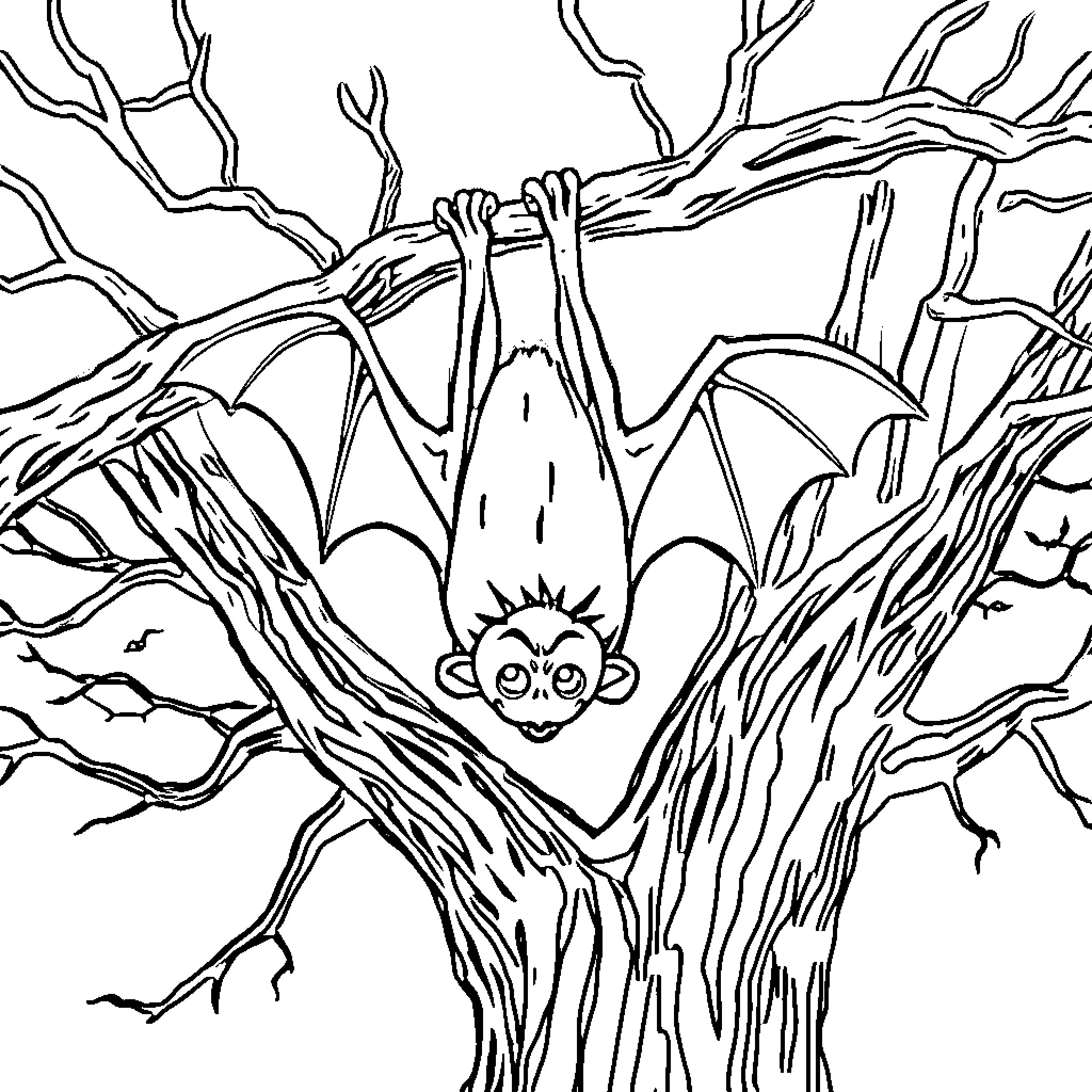 Bat hanging upside down on spooky tree branches Coloring Page (free black-and-white line drawing printable PDF for all, from beginners to advanced learners, including children, teens, adults, and seniors)