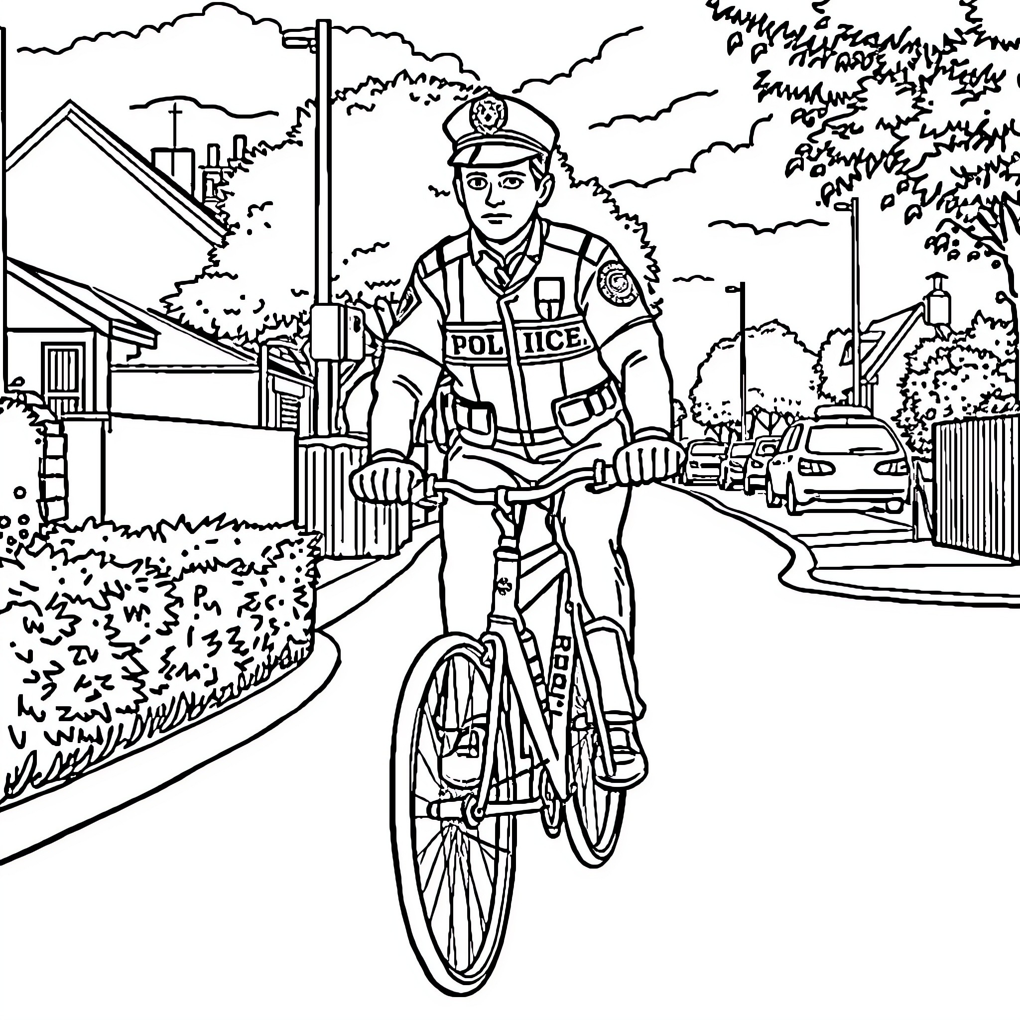 Police Officer Patrolling Neighborhood on Bicycle Coloring Page (free black-and-white line drawing printable PDF for all, from beginners to advanced learners, including children, teens, adults, and seniors)