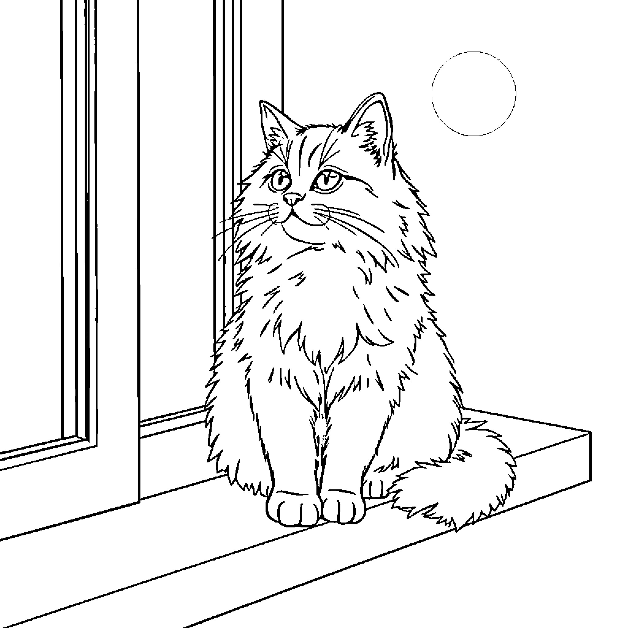 Cat sitting by the window Coloring Page (free black-and-white line drawing printable PDF for all, from beginners to advanced learners, including children, teens, adults, and seniors)