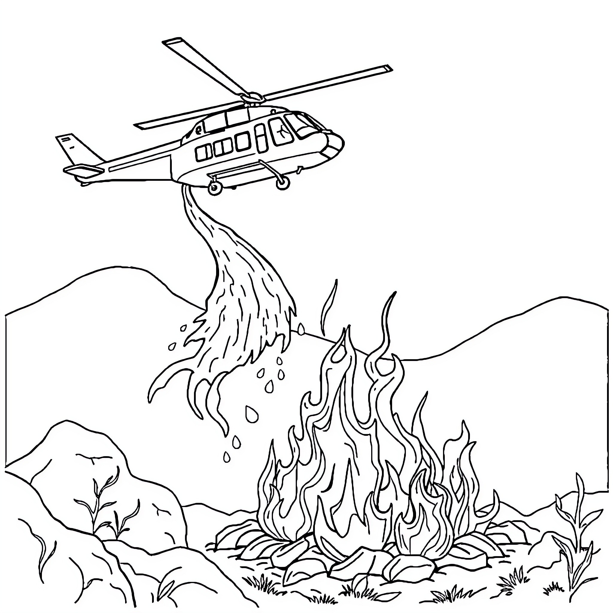 Helicopter dropping water on a forest fire Coloring Page (free black-and-white line drawing printable PDF for all, from beginners to advanced learners, including children, teens, adults, and seniors)